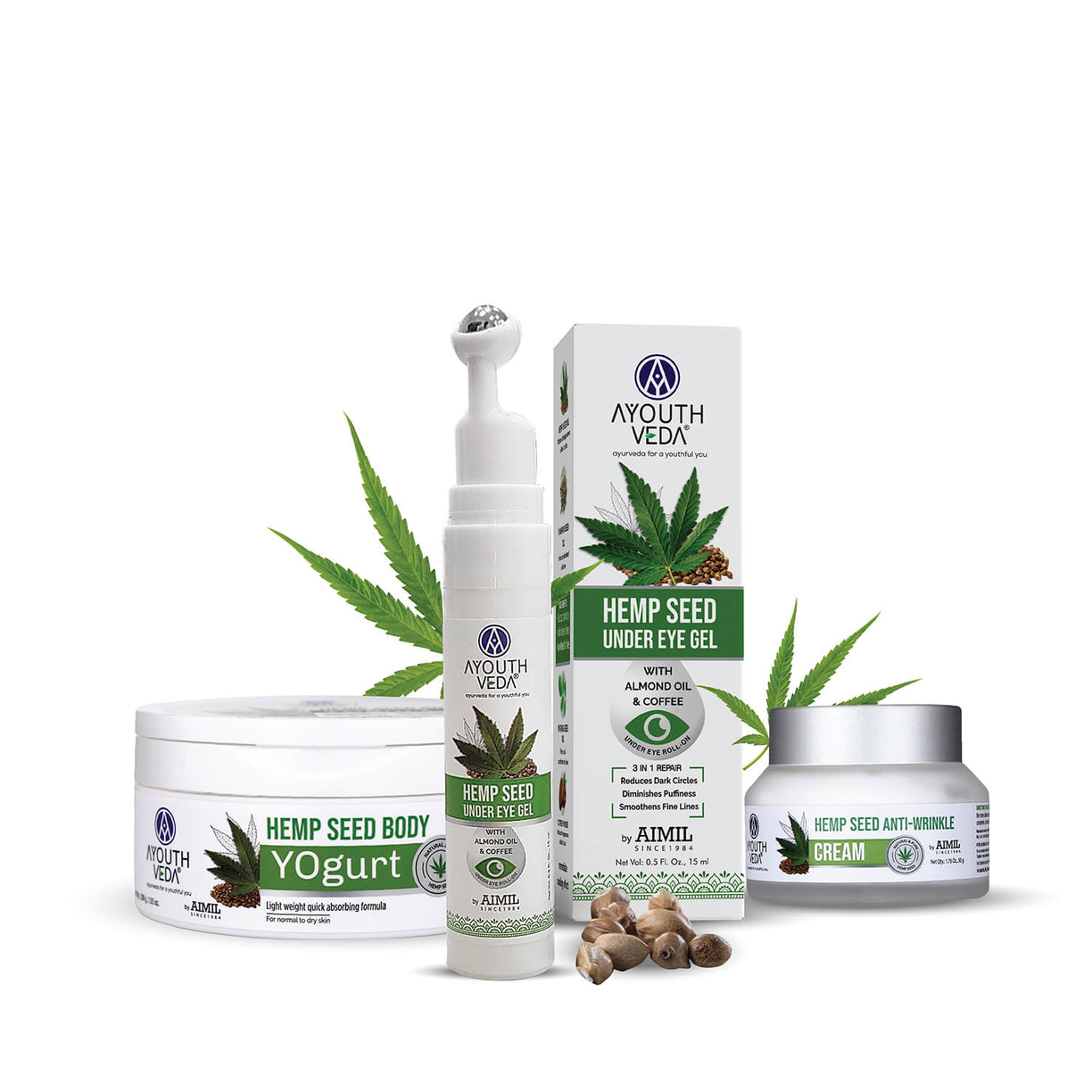 Hemp Collection ( Hemp Seed under eye gel 15g , Bodyogurt 200g, Wrinkle cream 50g ) - Ayouthveda