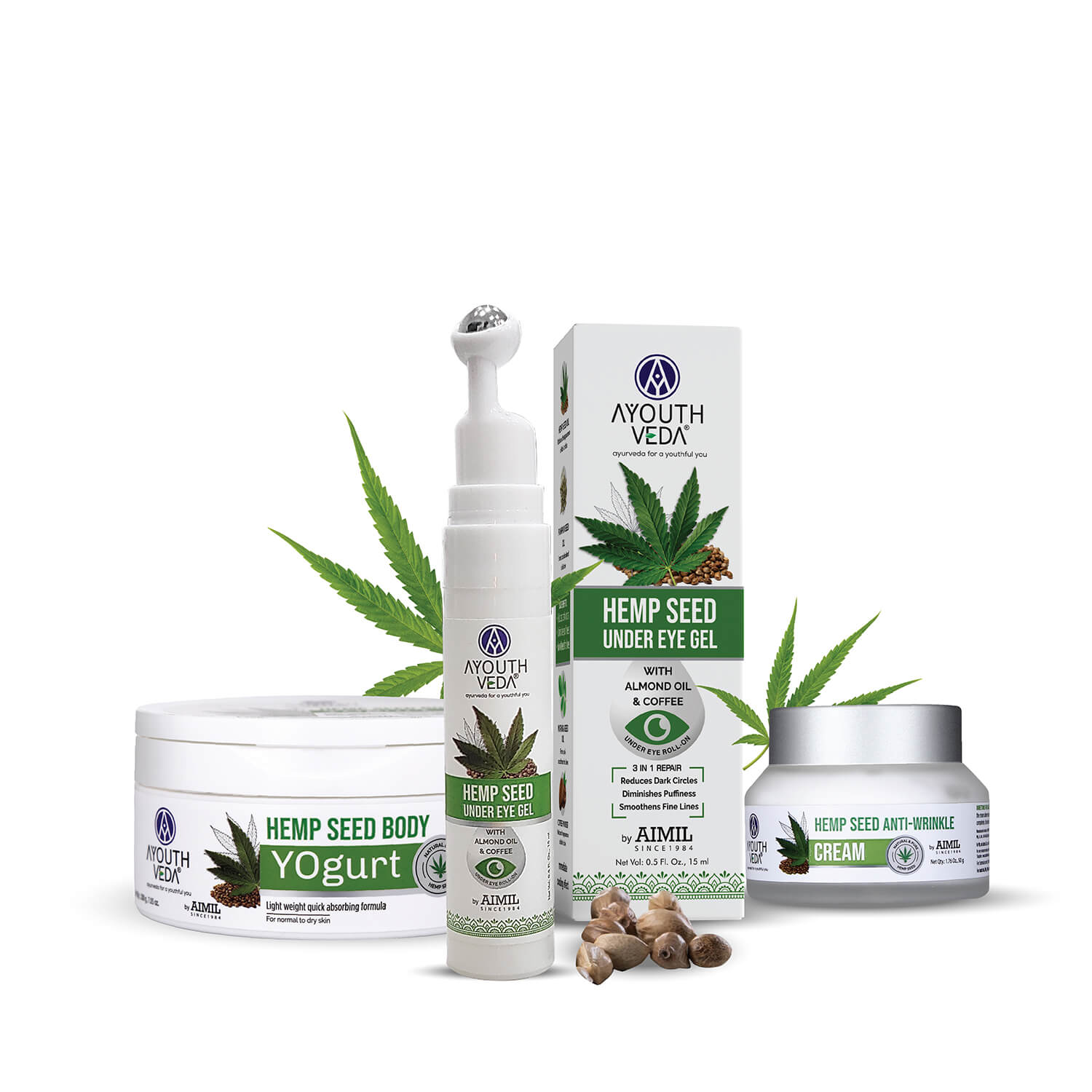 Hemp Collection ( Hemp Seed under eye gel 15g , Bodyogurt 200g, Wrinkle cream 50g ) - Ayouthveda