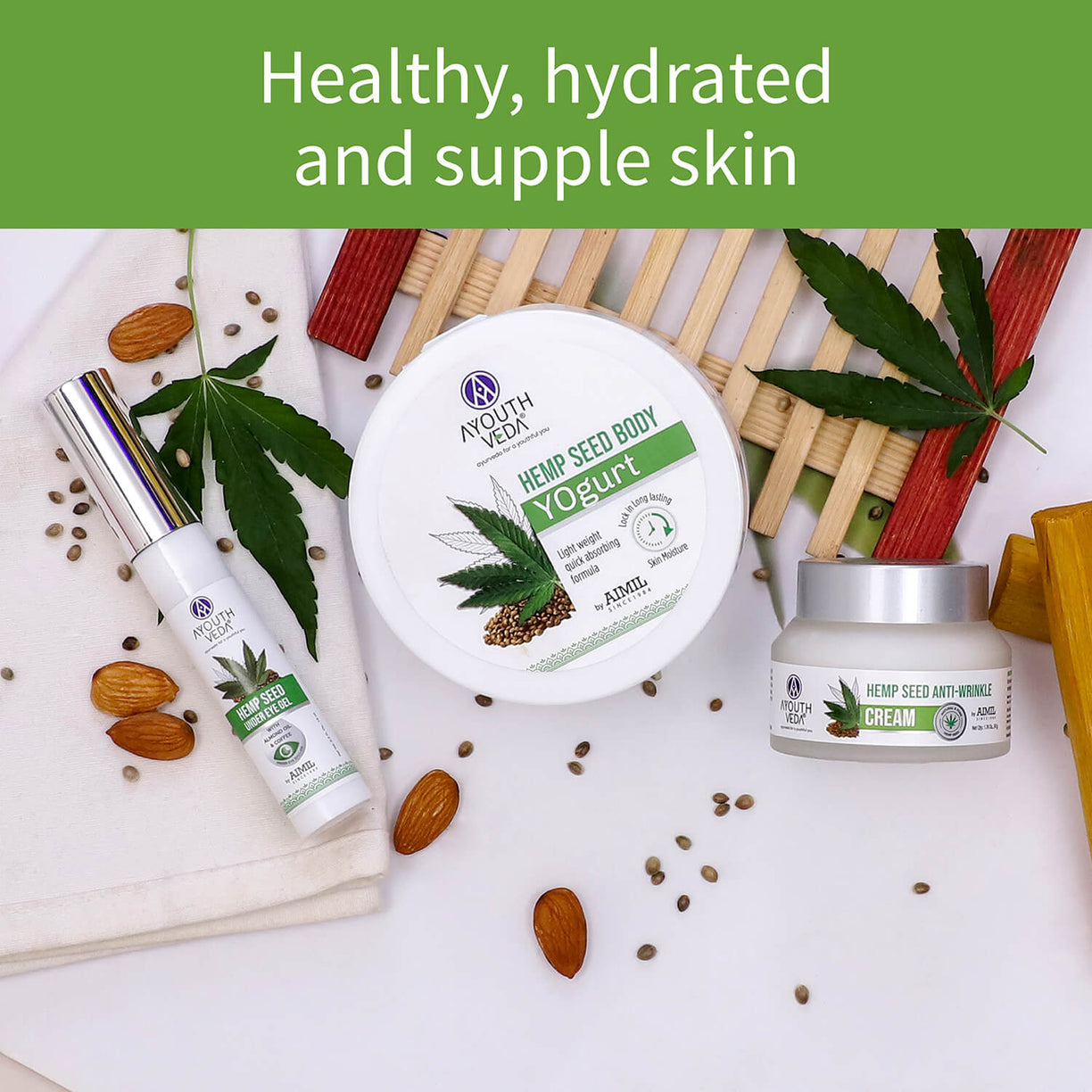 Hemp Collection ( Hemp Seed under eye gel 15g , Bodyogurt 200g, Wrinkle cream 50g ) - Ayouthveda