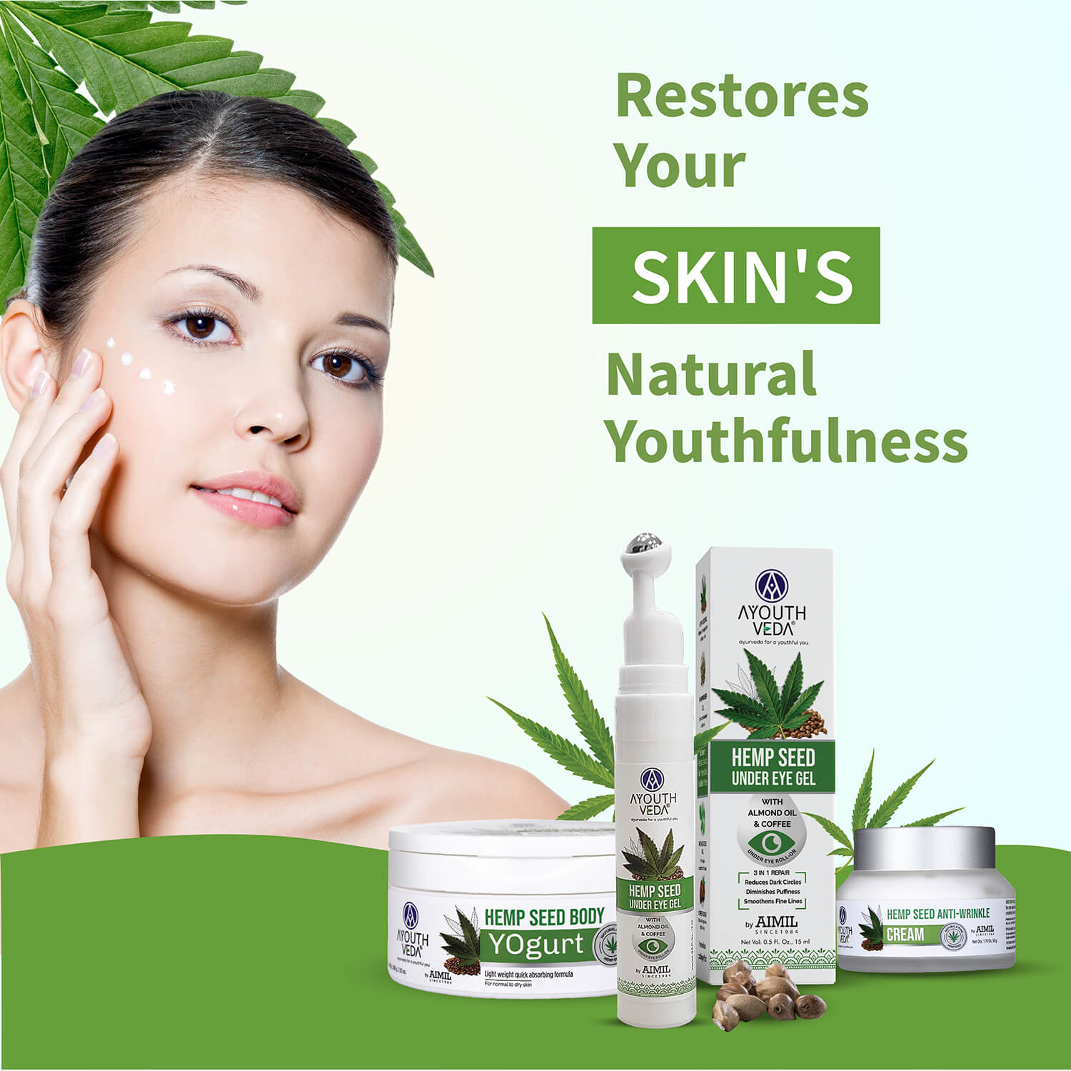 Hemp Collection ( Hemp Seed under eye gel 15g , Bodyogurt 200g, Wrinkle cream 50g ) - Ayouthveda