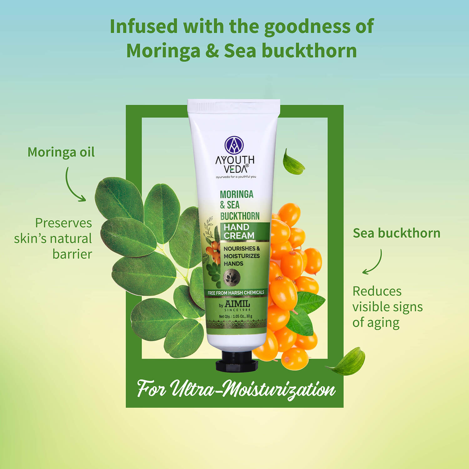 Moringa & Sea  Buckthorn Hand Cream For Moisturization 30g - Ayouthveda