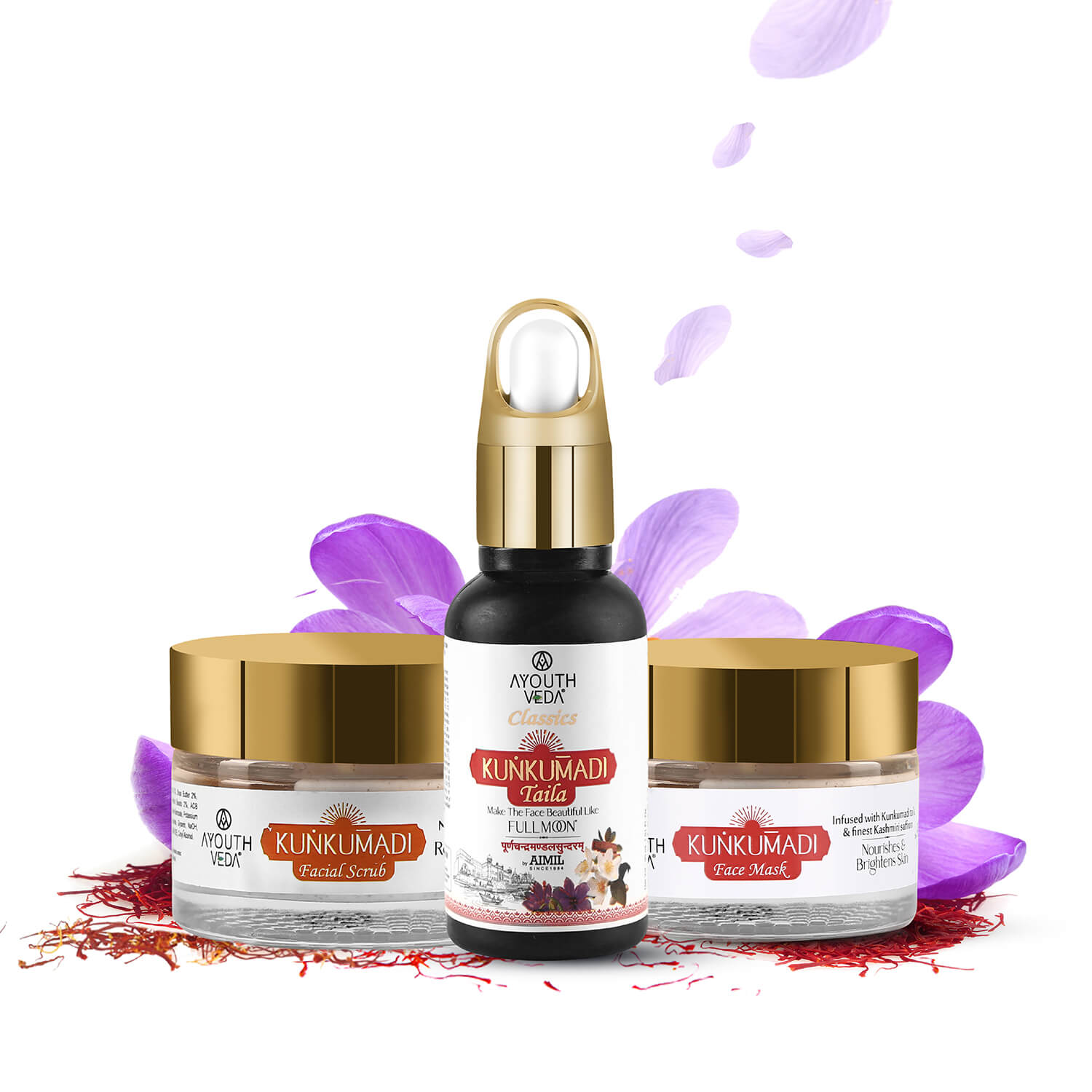 Kunkumadi Collection ( Kunkumadi Taila 30ml, Kunkumadi scrub 50g, Kunkumadi mask 50g ) - Ayouthveda