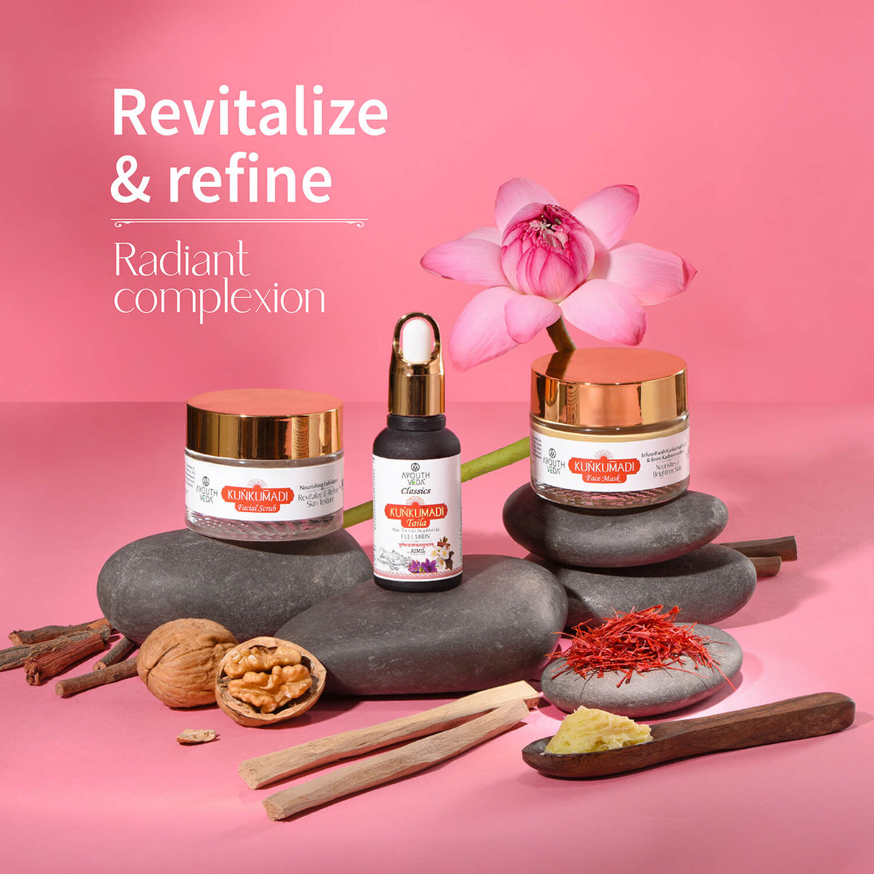 Kunkumadi Collection ( Kunkumadi Taila 30ml, Kunkumadi scrub 50g, Kunkumadi mask 50g ) - Ayouthveda