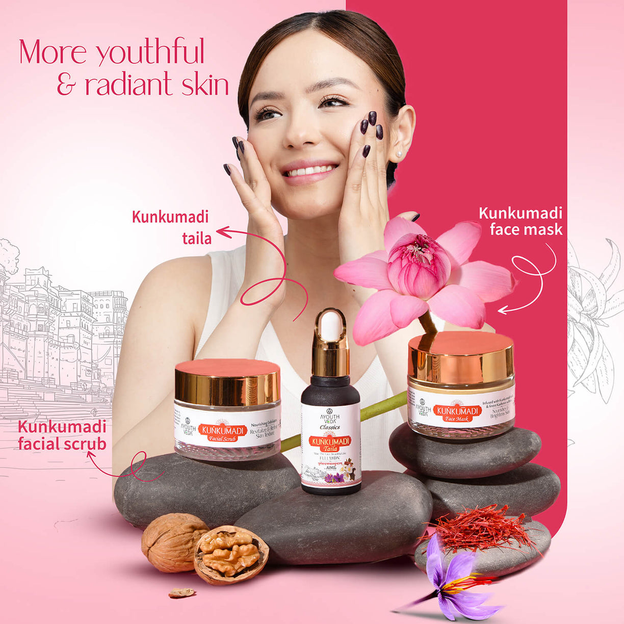 Kunkumadi Collection ( Kunkumadi Taila 30ml, Kunkumadi scrub 50g, Kunkumadi mask 50g ) - Ayouthveda
