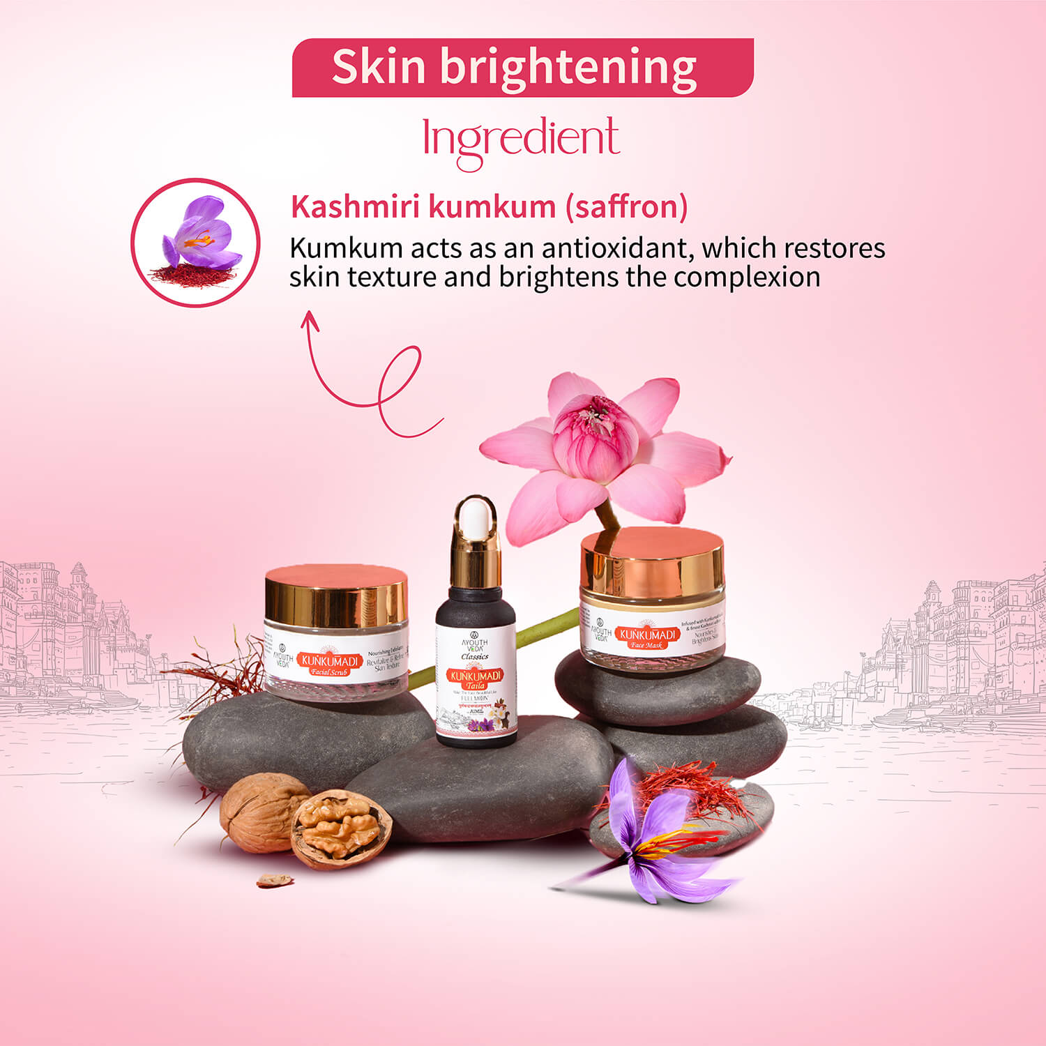 Kunkumadi Collection ( Kunkumadi Taila 30ml, Kunkumadi scrub 50g, Kunkumadi mask 50g ) - Ayouthveda