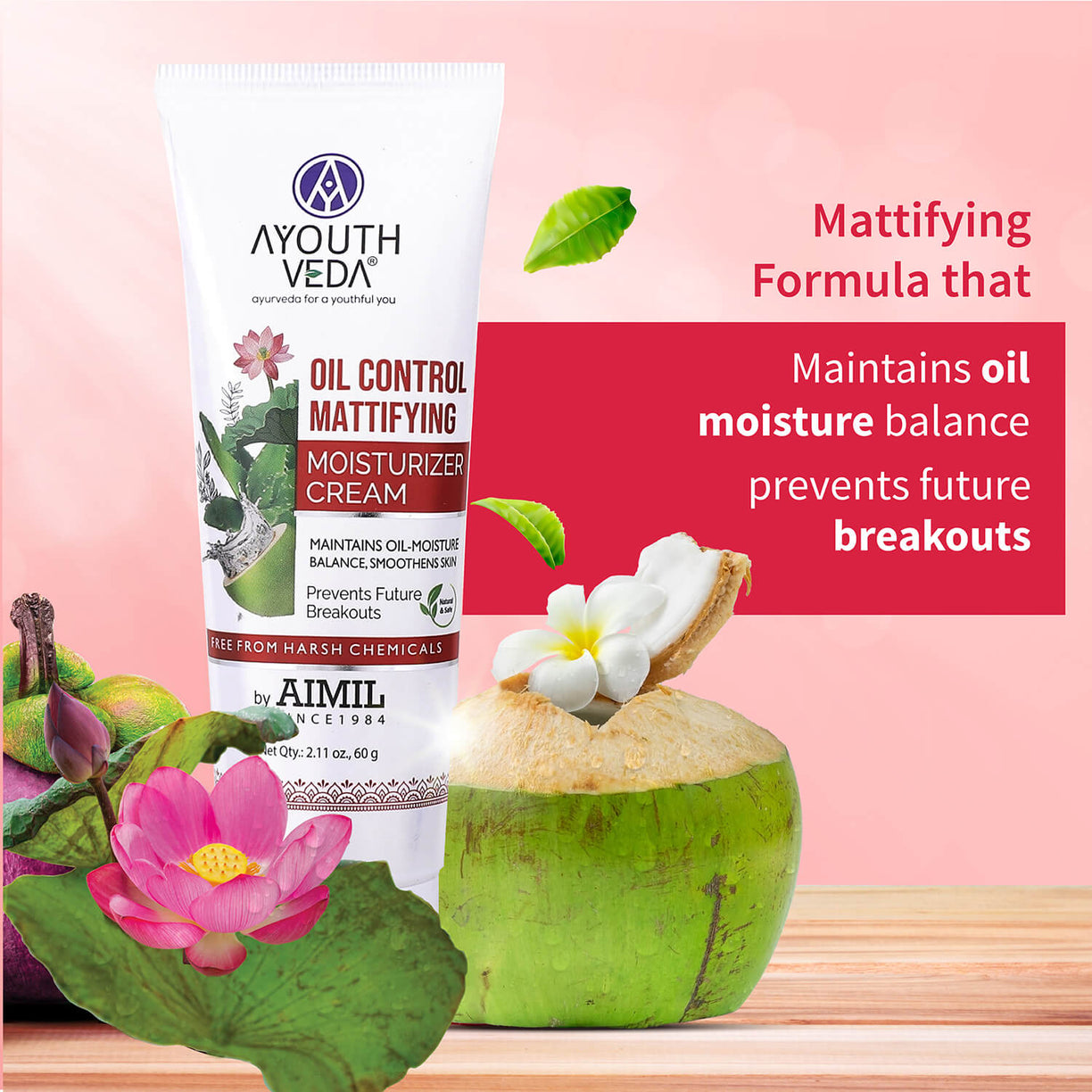 Oil Control Mattifying Moisturizer Cream for  Acne Prone Skin 60g - Ayouthveda