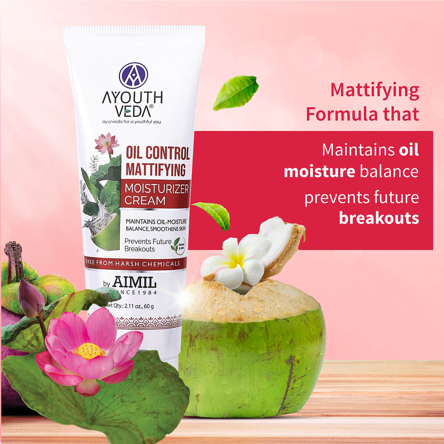 Oil Control Mattifying Moisturizer Cream for  Acne Prone Skin 60g - Ayouthveda