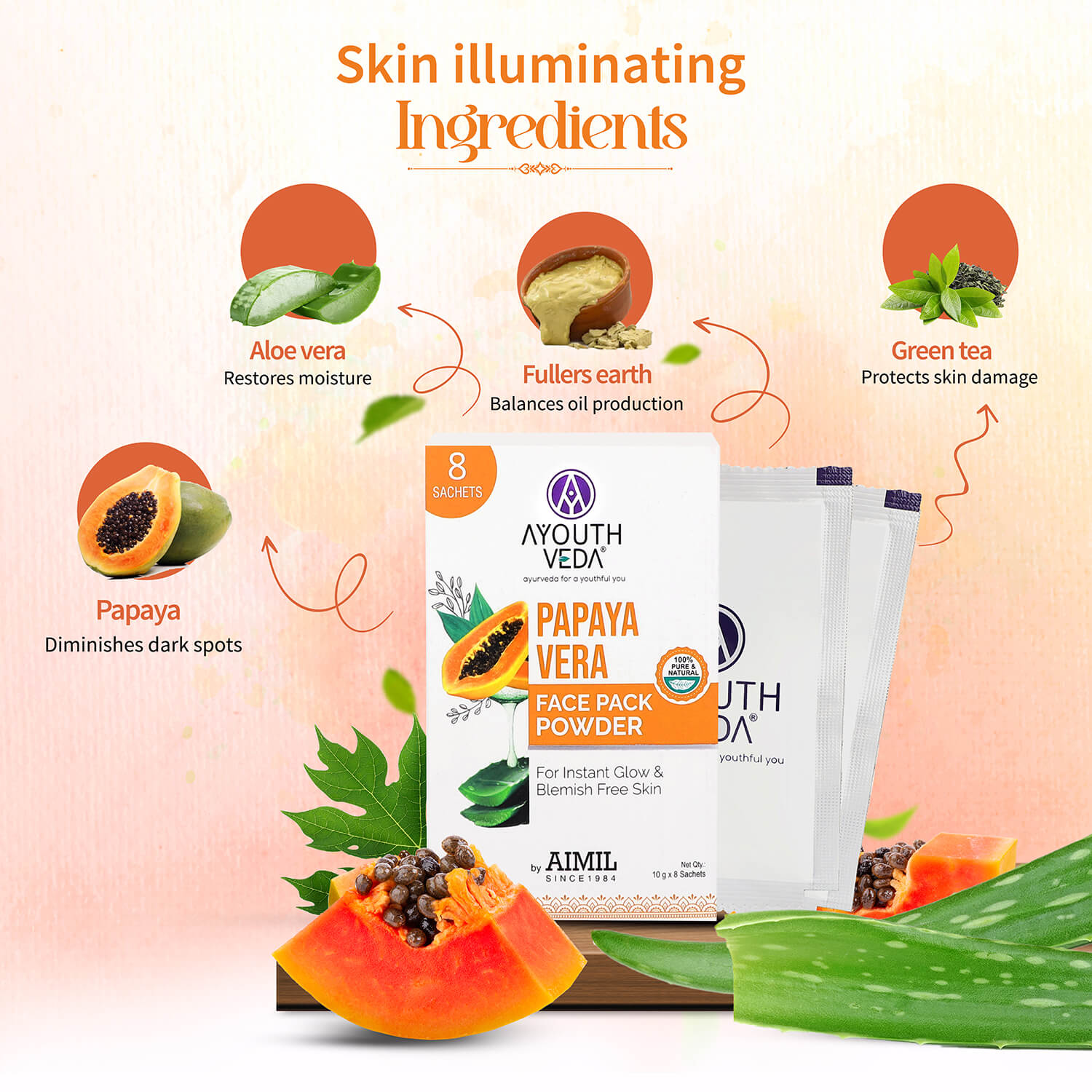 Papaya Vera Face Pack Powder For Instant Glow 80g - Ayouthveda