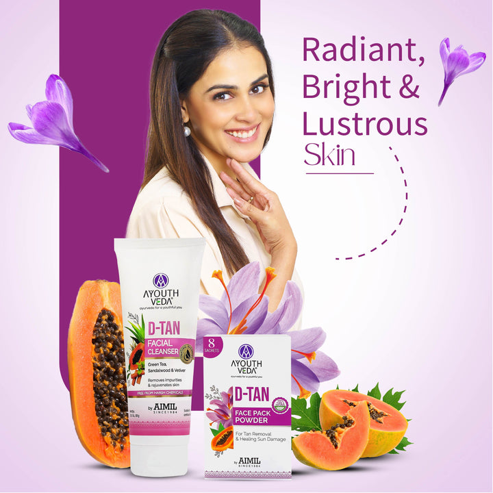 Radiant Skin Combo: D-Tan Facial Cleanser (100 g) D-Tan Face Pack Powder (10g×8)