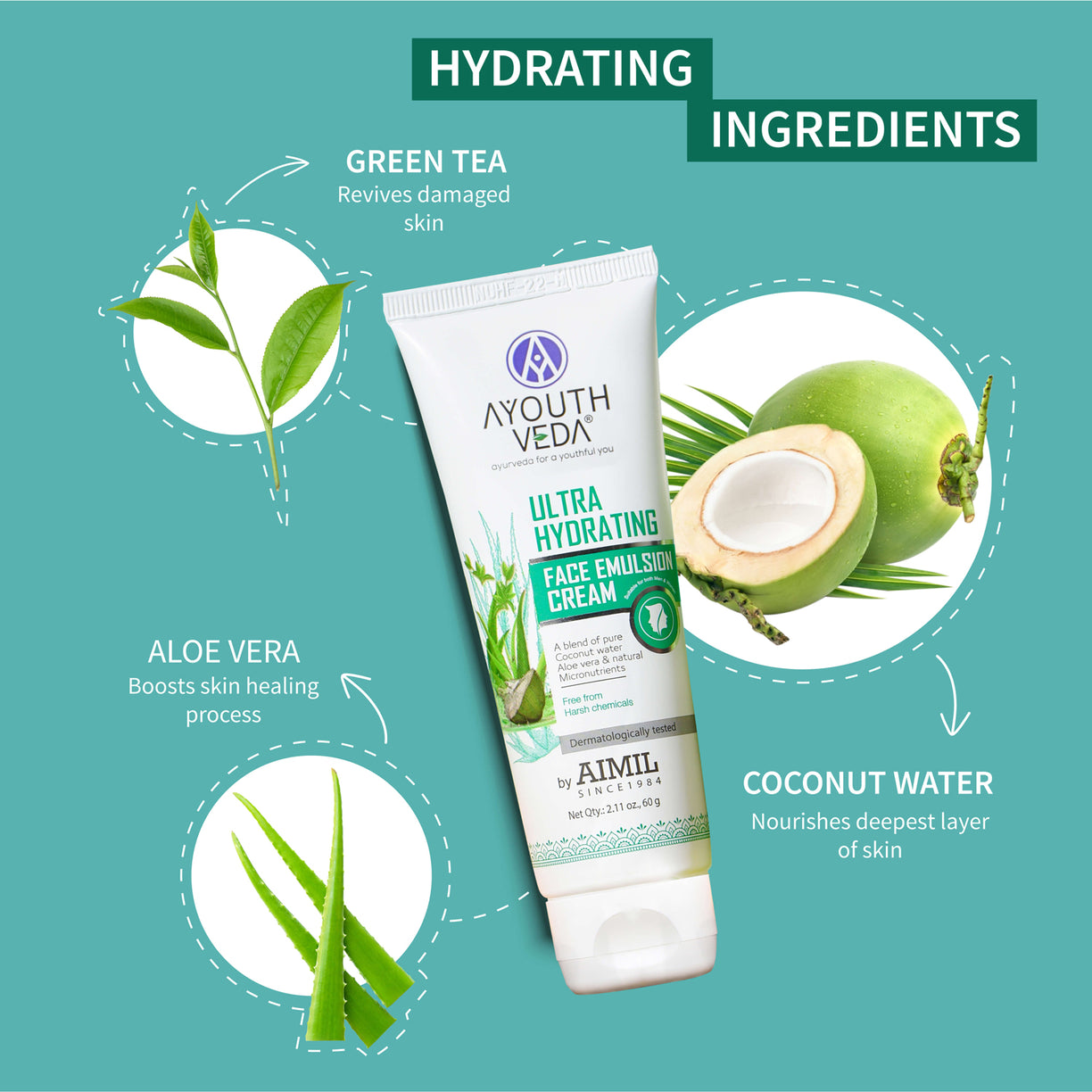 Ultra Hydrating Face Emulsion Cream With Aloe Vera & Coconut Water- 60 g - Ayouthveda