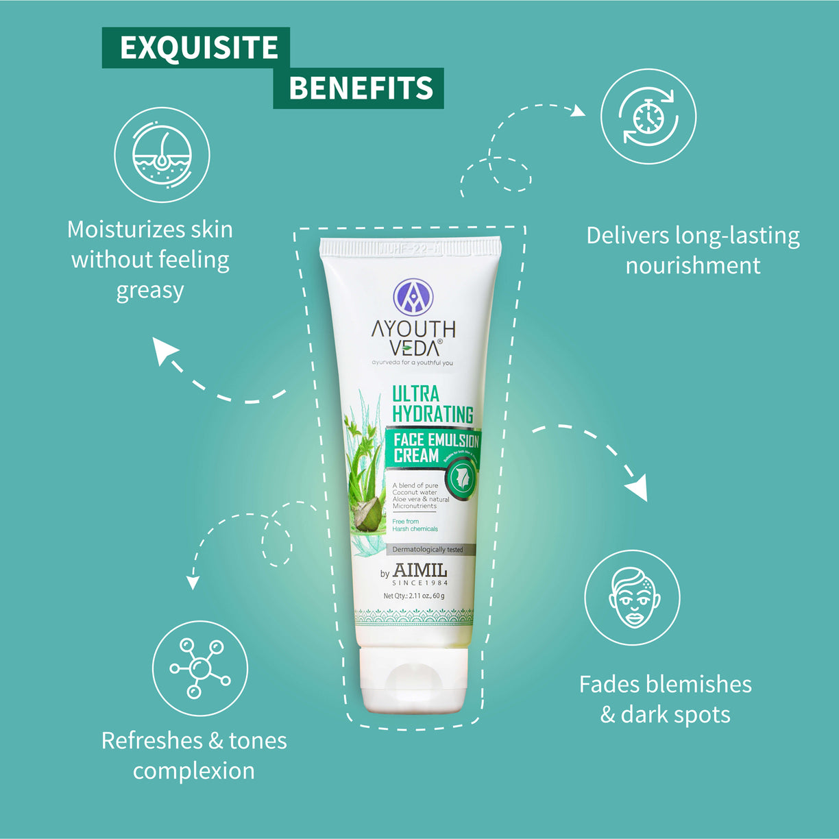 Ultra Hydrating Face Emulsion Cream With Aloe Vera & Coconut Water- 60 g - Ayouthveda