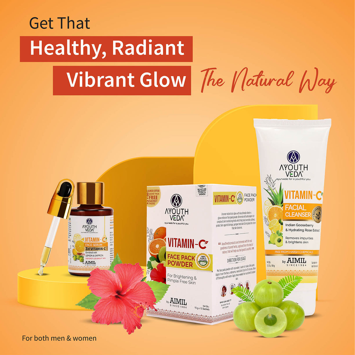 Vitamin-C Regimen: Vitamin-C Facial Cleanser (100 g), Vitamin-C Face Pack Powder (10g×8 sachet), Vitamin-C Face Serum (30 ml) - Ayouthveda
