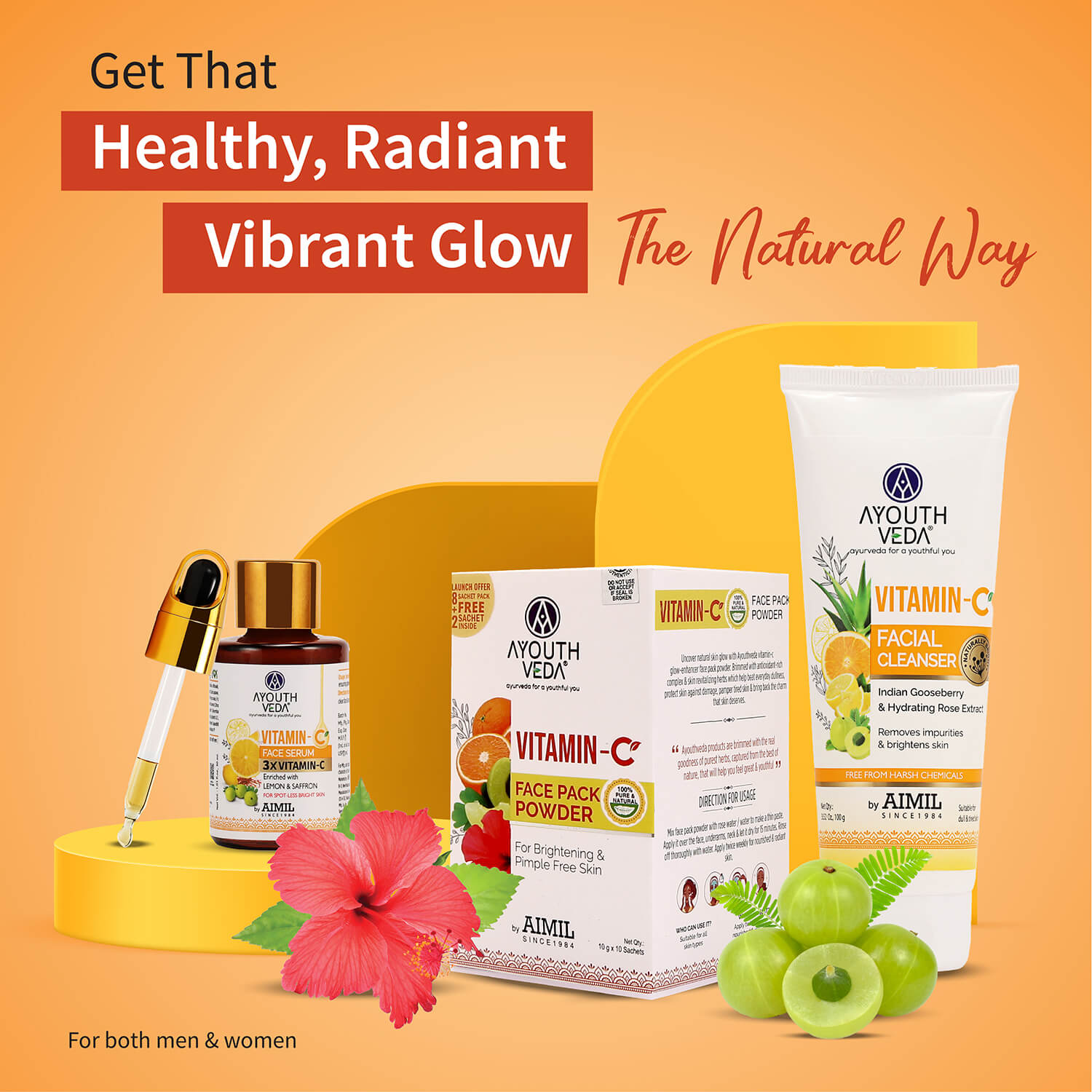 Vitamin-C Regimen: Vitamin-C Facial Cleanser (100 g), Vitamin-C Face Pack Powder (10g×8 sachet), Vitamin-C Face Serum (30 ml) - Ayouthveda