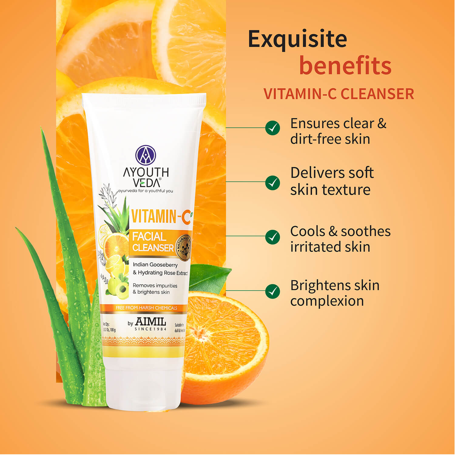 Vitamin-C Regimen: Vitamin-C Facial Cleanser (100 g), Vitamin-C Face Pack Powder (10g×8 sachet), Vitamin-C Face Serum (30 ml) - Ayouthveda