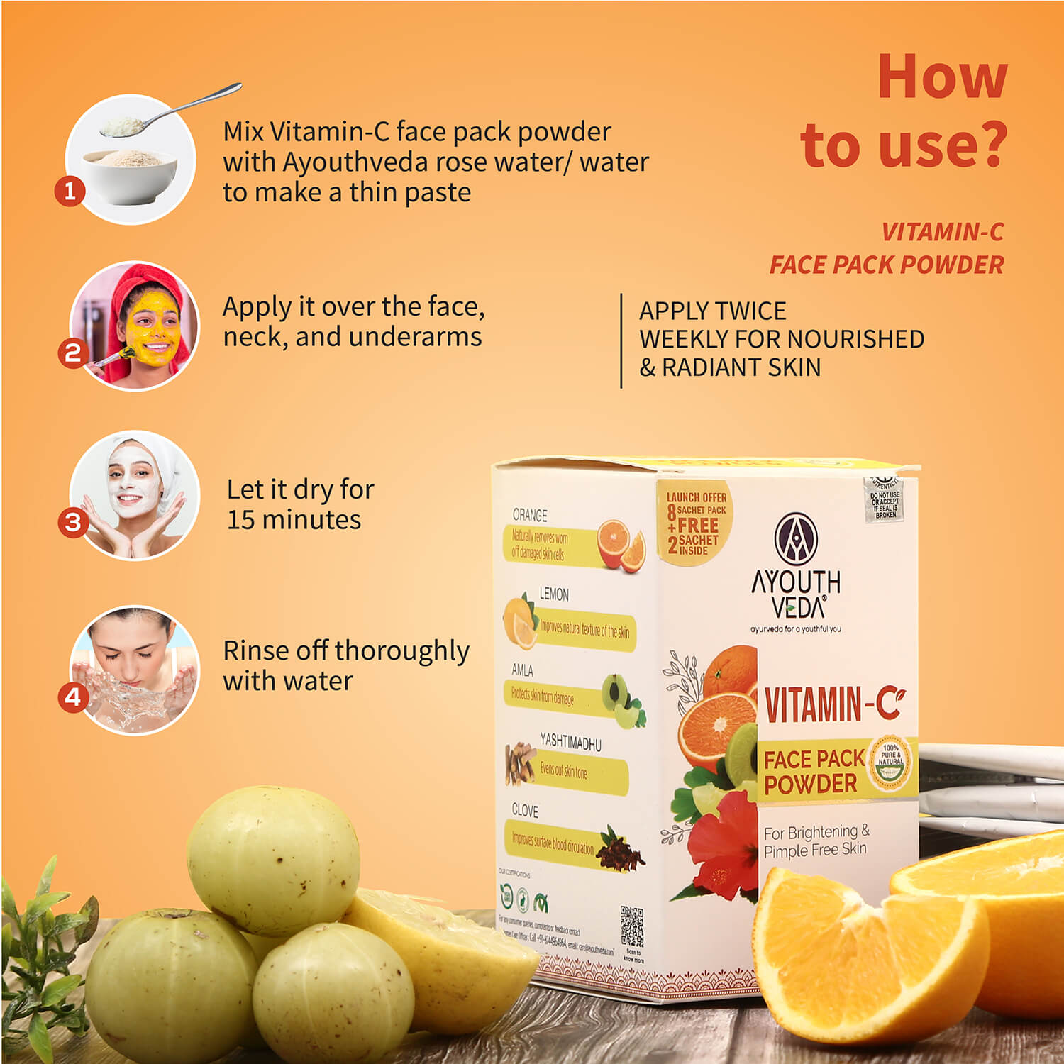 Vitamin-C Regimen: Vitamin-C Facial Cleanser (100 g), Vitamin-C Face Pack Powder (10g×8 sachet), Vitamin-C Face Serum (30 ml) - Ayouthveda