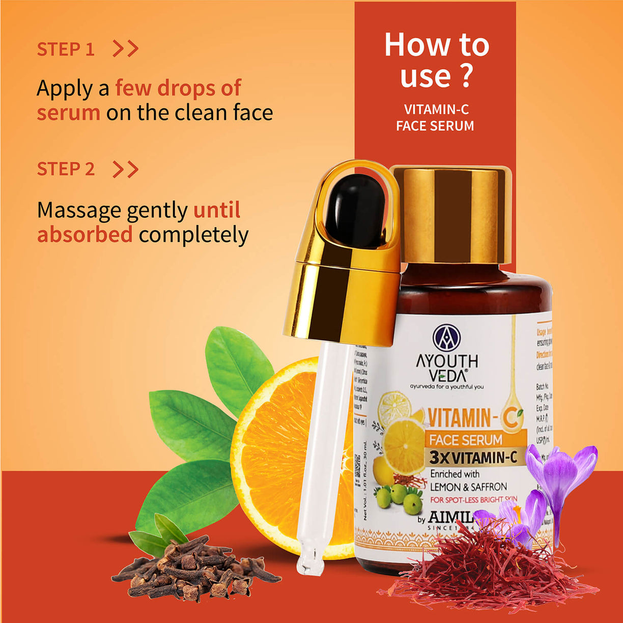 Vitamin-C Regimen: Vitamin-C Facial Cleanser (100 g), Vitamin-C Face Pack Powder (10g×8 sachet), Vitamin-C Face Serum (30 ml) - Ayouthveda