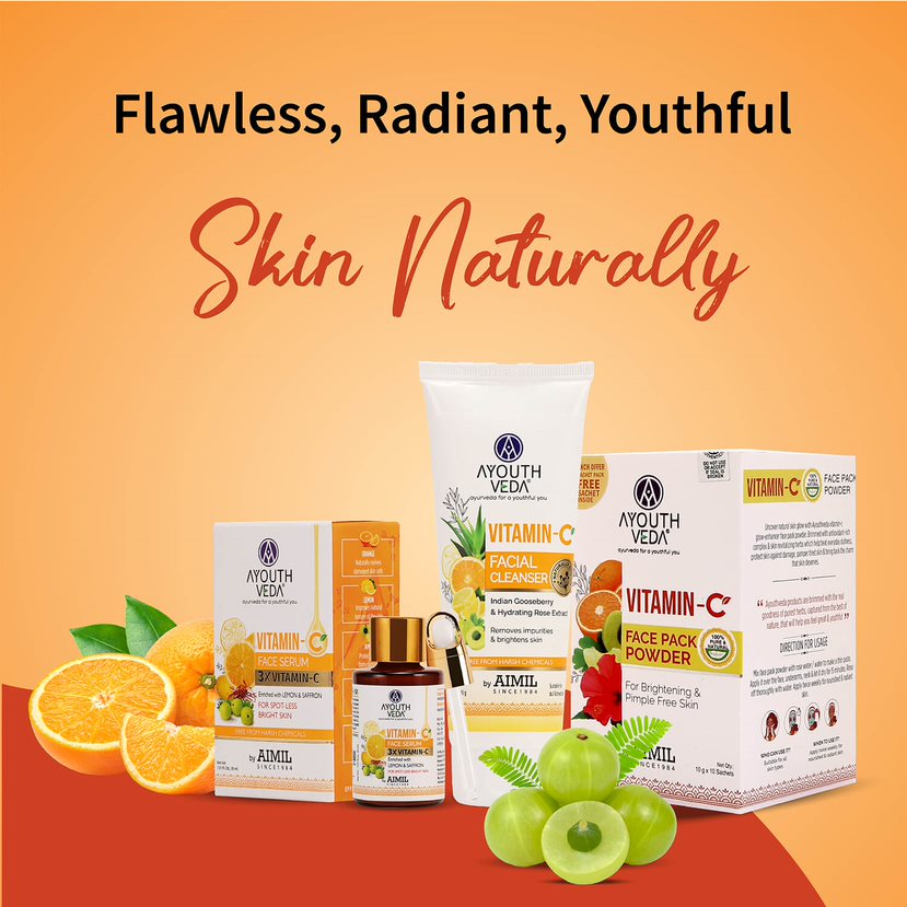 Vitamin-C Regimen: Vitamin-C Facial Cleanser (100 g), Vitamin-C Face Pack Powder (10g×8 sachet), Vitamin-C Face Serum (30 ml) - Ayouthveda