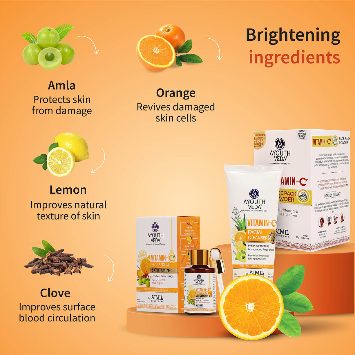 Vitamin-C Regimen: Vitamin-C Facial Cleanser (100 g), Vitamin-C Face Pack Powder (10g×8 sachet), Vitamin-C Face Serum (30 ml) - Ayouthveda