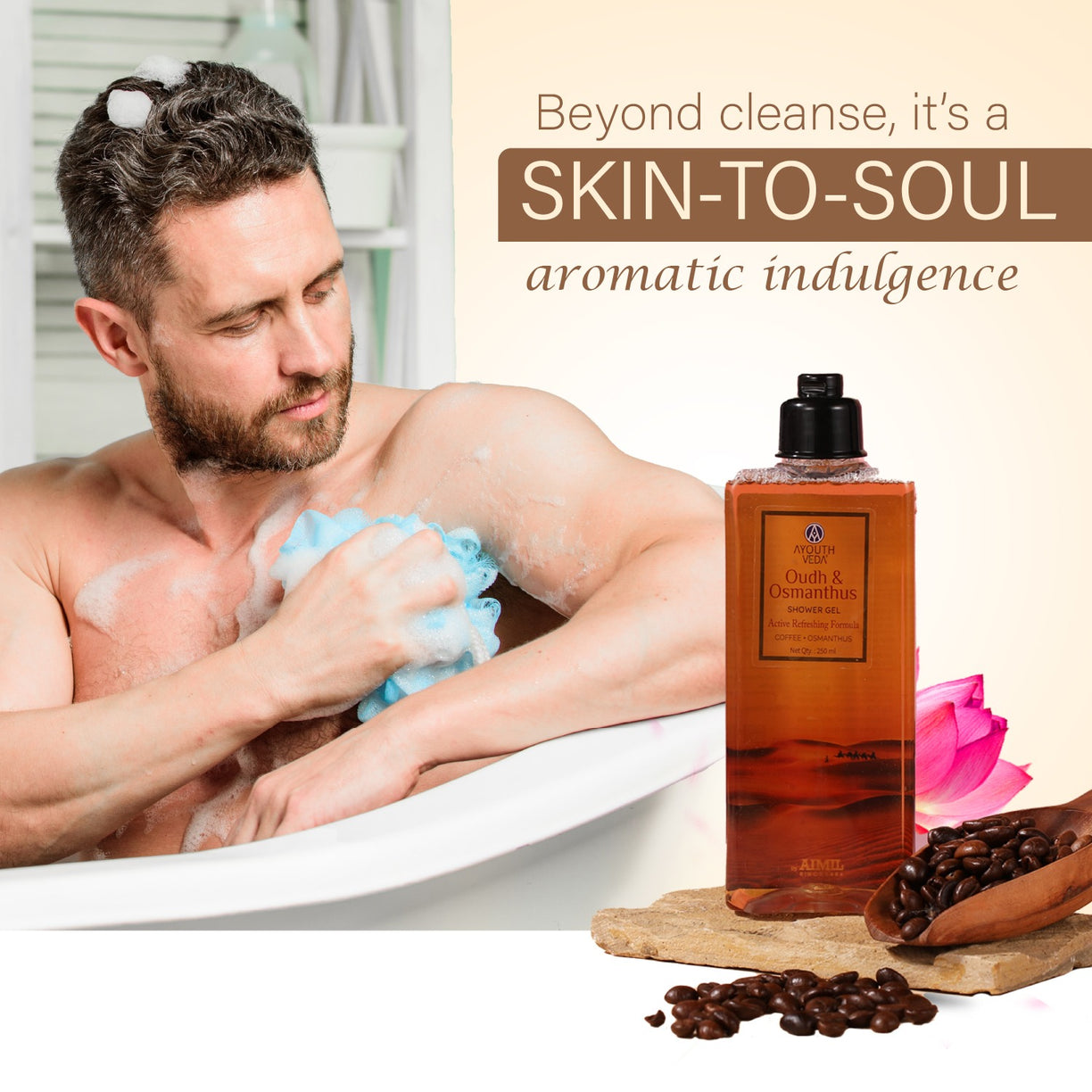 Ayouthveda Oudh & Osmanthus Shower Gel with Coffee | Aromatic Body Wash for Revitalizing & Hydrating Skin | Sulfate-Free Luxury Cleanser for Men & Women | (250 ml)