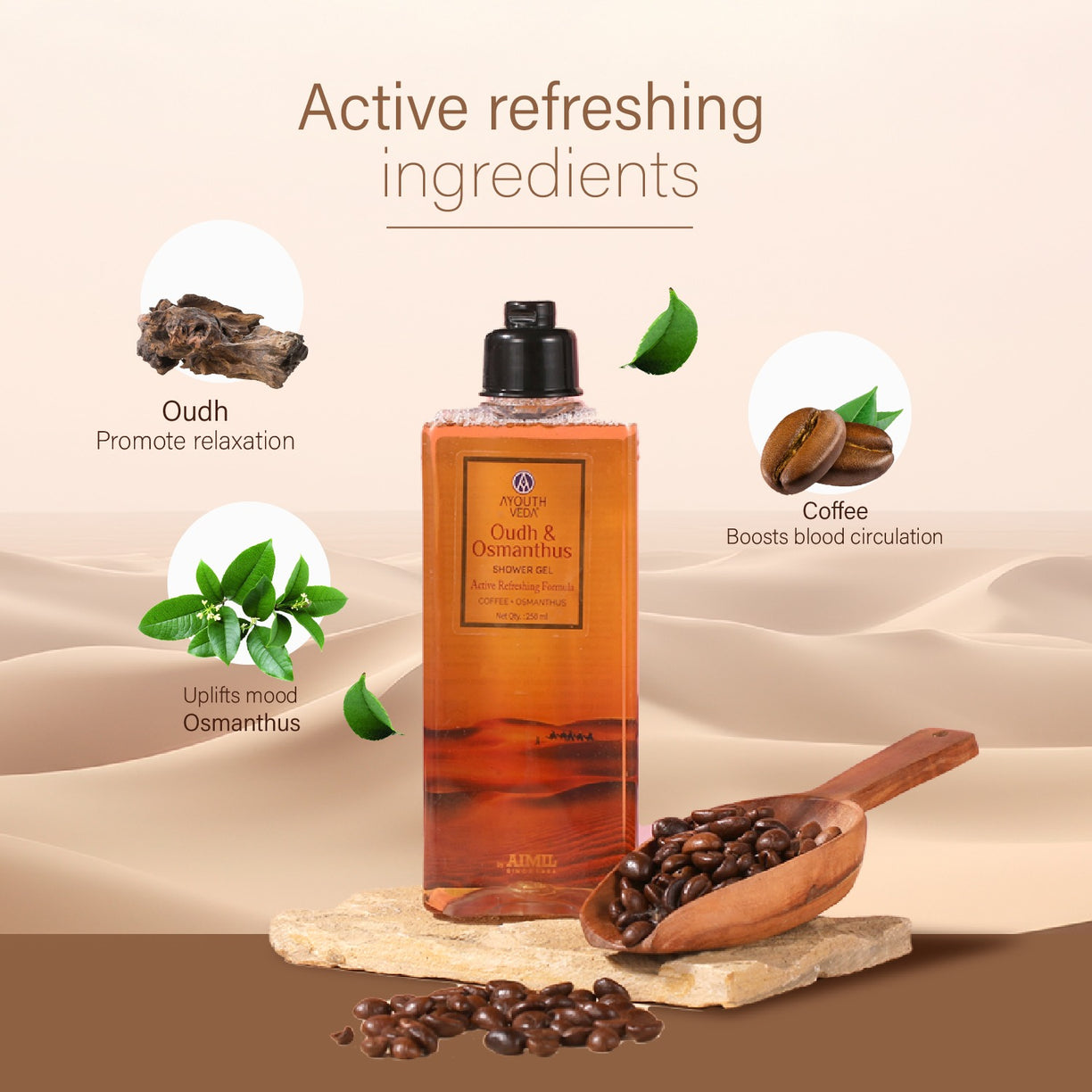 Ayouthveda Oudh & Osmanthus Shower Gel with Coffee | Aromatic Body Wash for Revitalizing & Hydrating Skin | Sulfate-Free Luxury Cleanser for Men & Women | (250 ml)