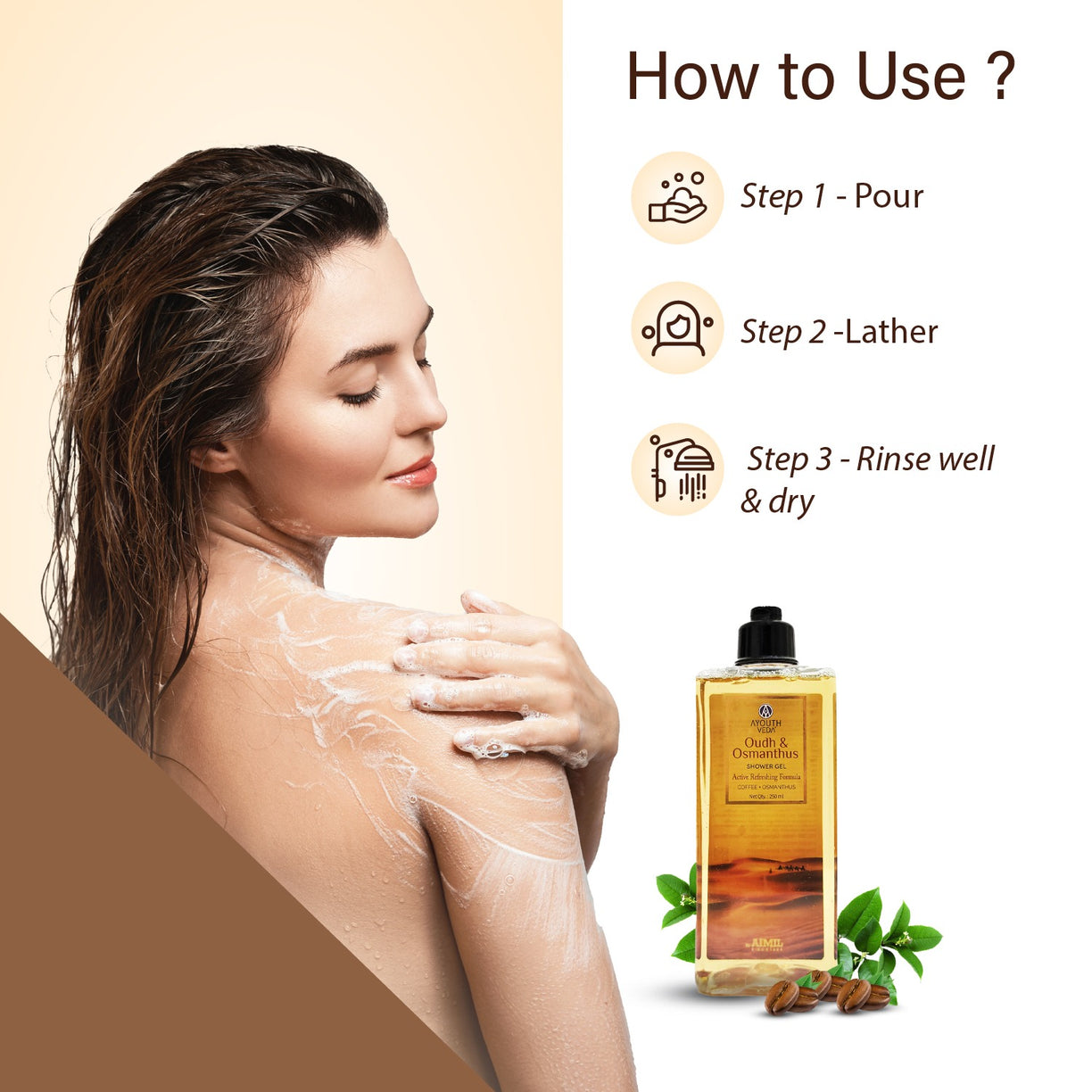 Ayouthveda Oudh & Osmanthus Shower Gel with Coffee | Aromatic Body Wash for Revitalizing & Hydrating Skin | Sulfate-Free Luxury Cleanser for Men & Women | (250 ml)