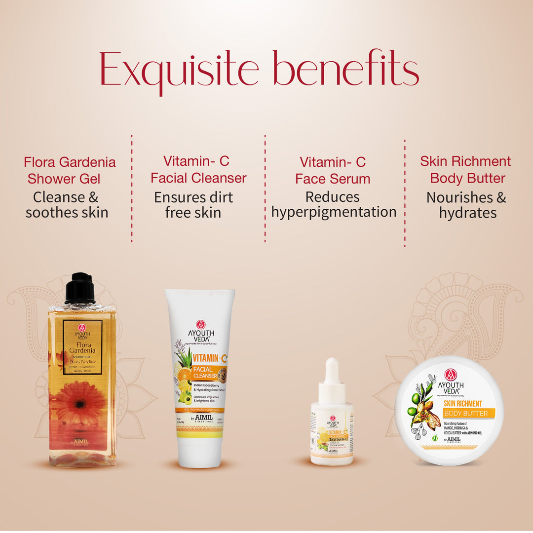 Skin Revival Kit: Skin Richment Body Butter (200 g), Vitamin-C Face Serum (30 ml), Vitamin-C Facial Cleanser (100 g), Flora Gardenia Shower Gel (250 ml)