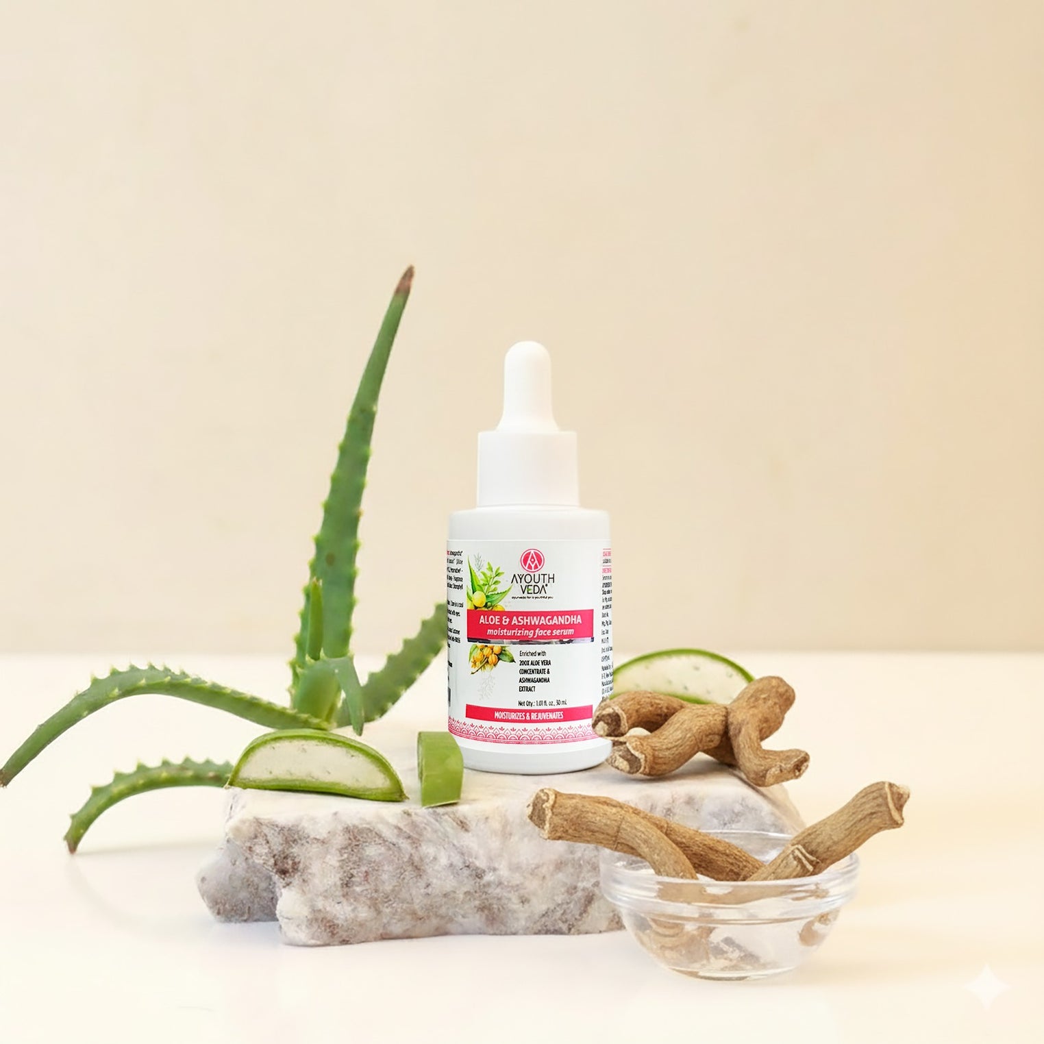 Ayouthveda Aloe & Ashwagandha Moisturizing Face Serum | 200X Aloe Vera Concentrate & Ashwagandha Extract to Soothe & Rejuvenate Skin | Boosts Elasticity, Nourishment & Youthful Glow | Suitable for All Skin Types – 30ml