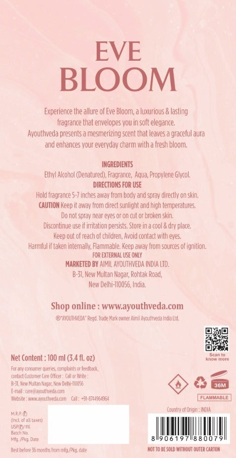 Ayouthveda Eve Bloom Eau De Parfum for Women | Long-Lasting Floral Luxury Perfume | Fresh Green, Gardenia Jasmine, Amber Accord & White Musk | Elegant Daily Wear Fragrance | 100ml