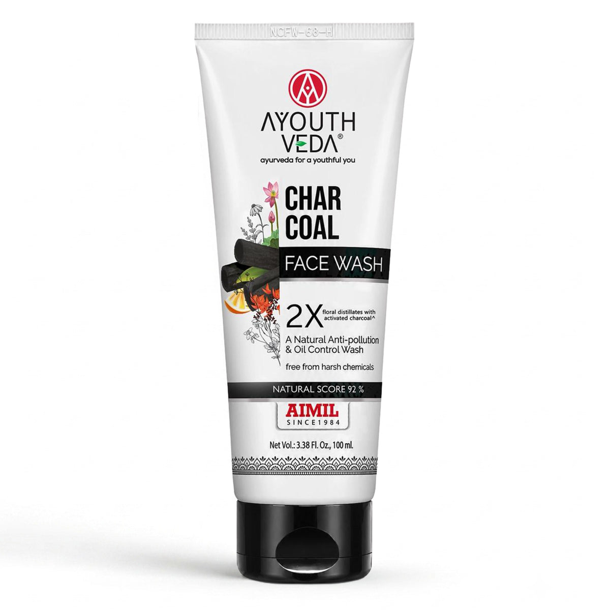 Ayouthveda Charcoal Face Wash with Activated Bamboo Charcoal & Floral Distillates | Deep Detoxifying & Brightening Formula | Suitable for All Skin Types | Net Qty – 100 ml