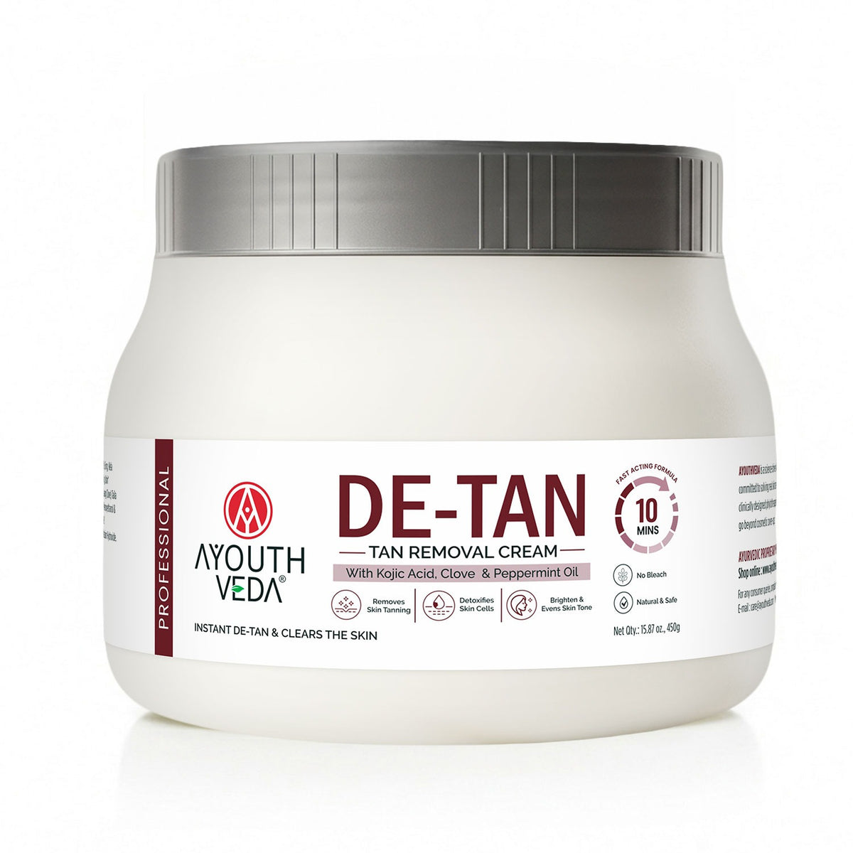 De-Tan Tan Removal Cream with Kojic Acid, Clove & Peppermint Oil, for De-Tan Care & Clear-Looking Skin, Net Qty: 450 g
