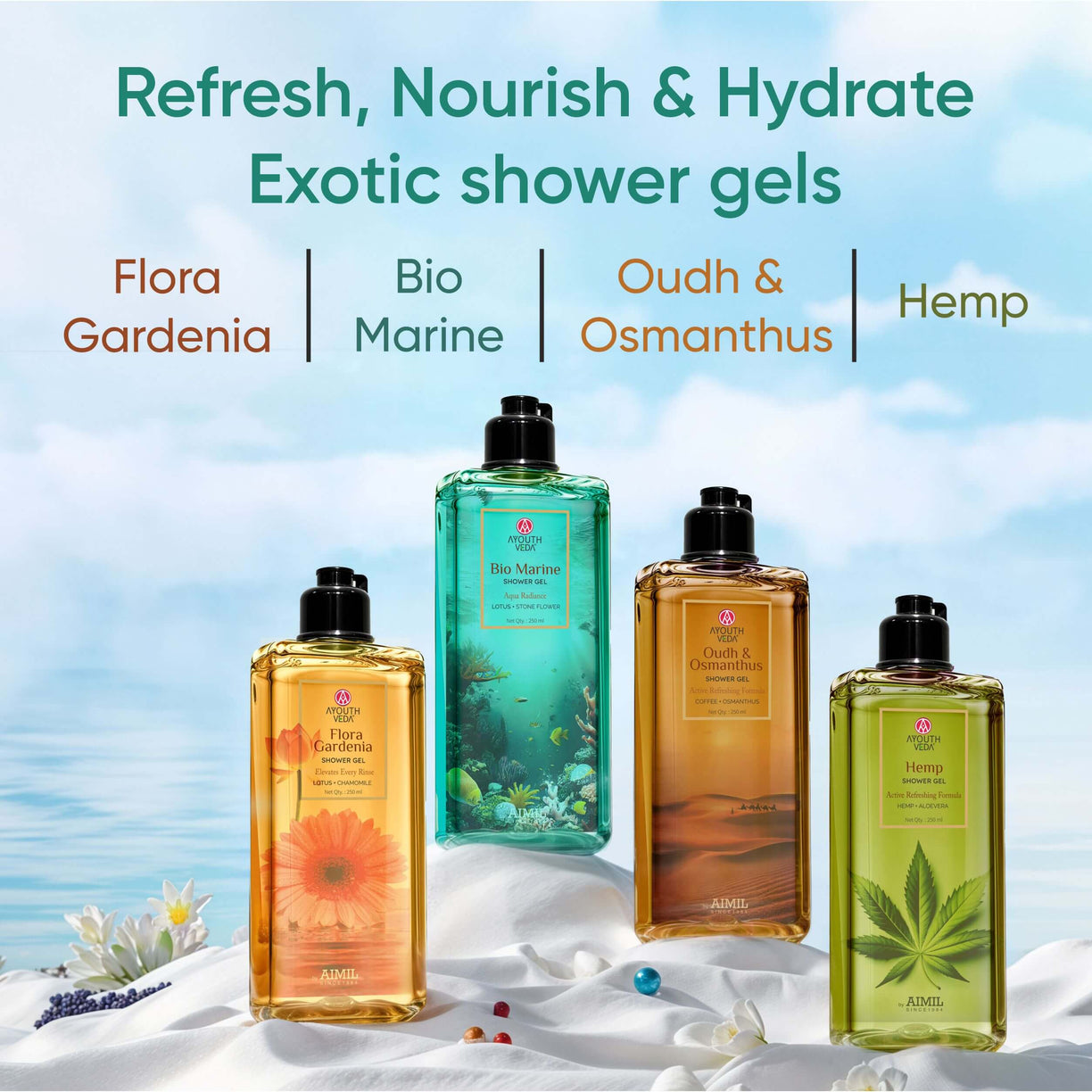 Ayouthveda Bio Marine Shower Gel for Men & Women | Enriched with Lotus, Stone Flower & Water Chestnut | Detoxifies, Moisturizes & Rejuvenates | (250 ml)