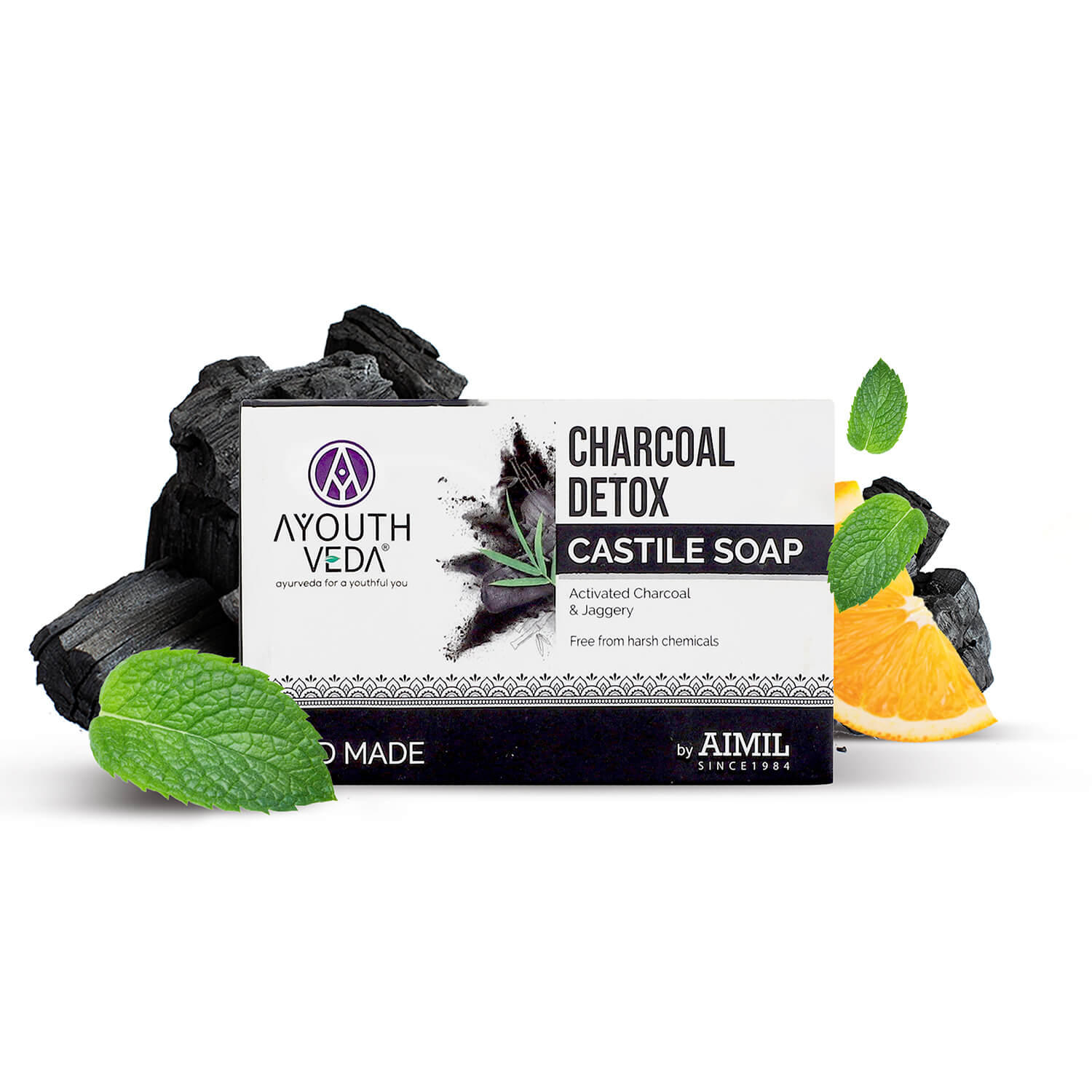 Charcoal Detox Handmade Castile Soap With Activated Charcoal & Jaggery ( Net Qty-110g ) - Ayouthveda