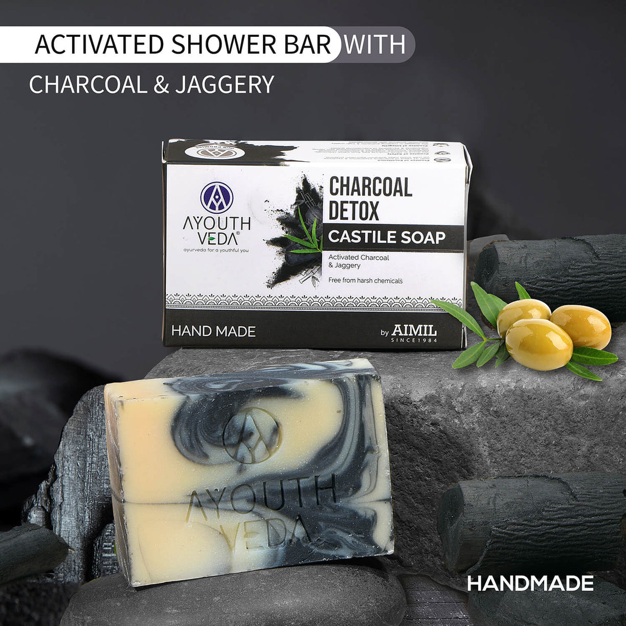 Charcoal Detox Handmade Castile Soap With Activated Charcoal & Jaggery ( Net Qty-110g ) - Ayouthveda