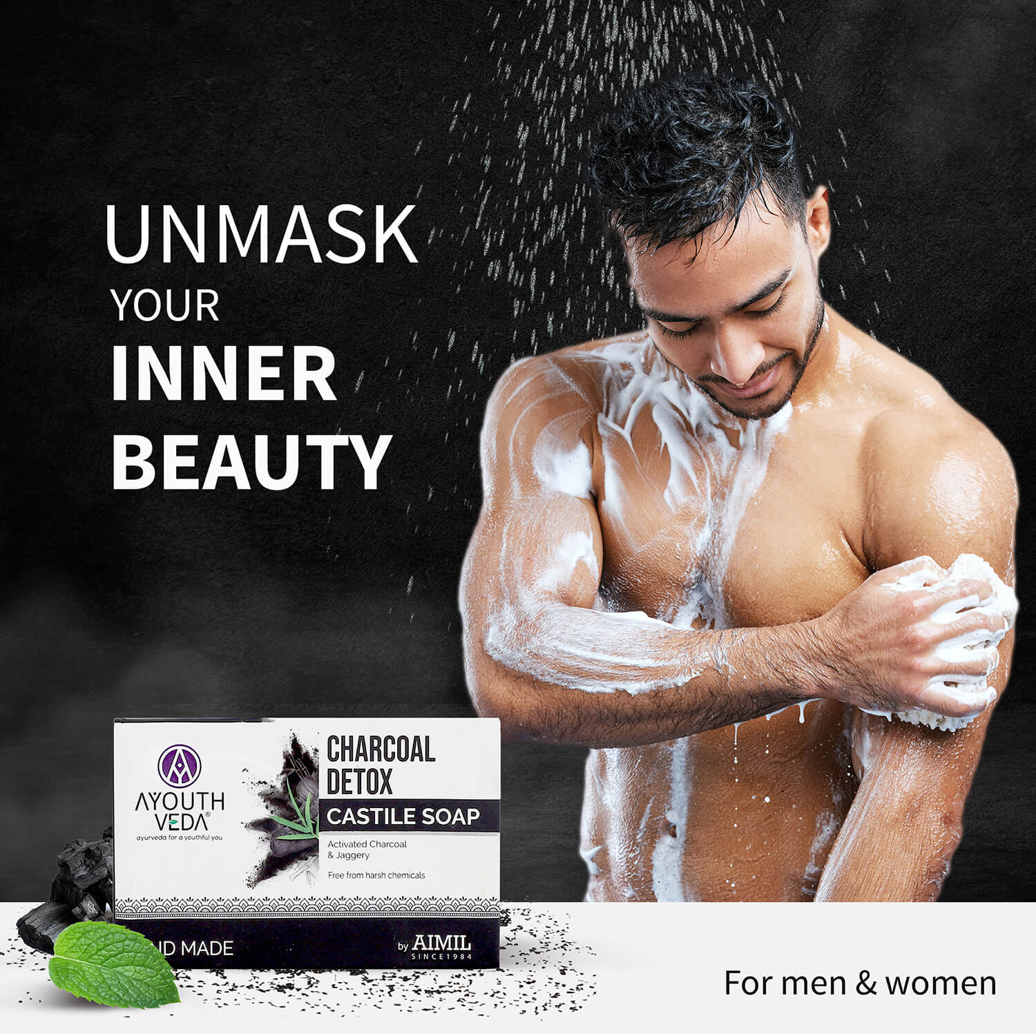 Charcoal Detox Handmade Castile Soap With Activated Charcoal & Jaggery ( Net Qty-110g ) - Ayouthveda