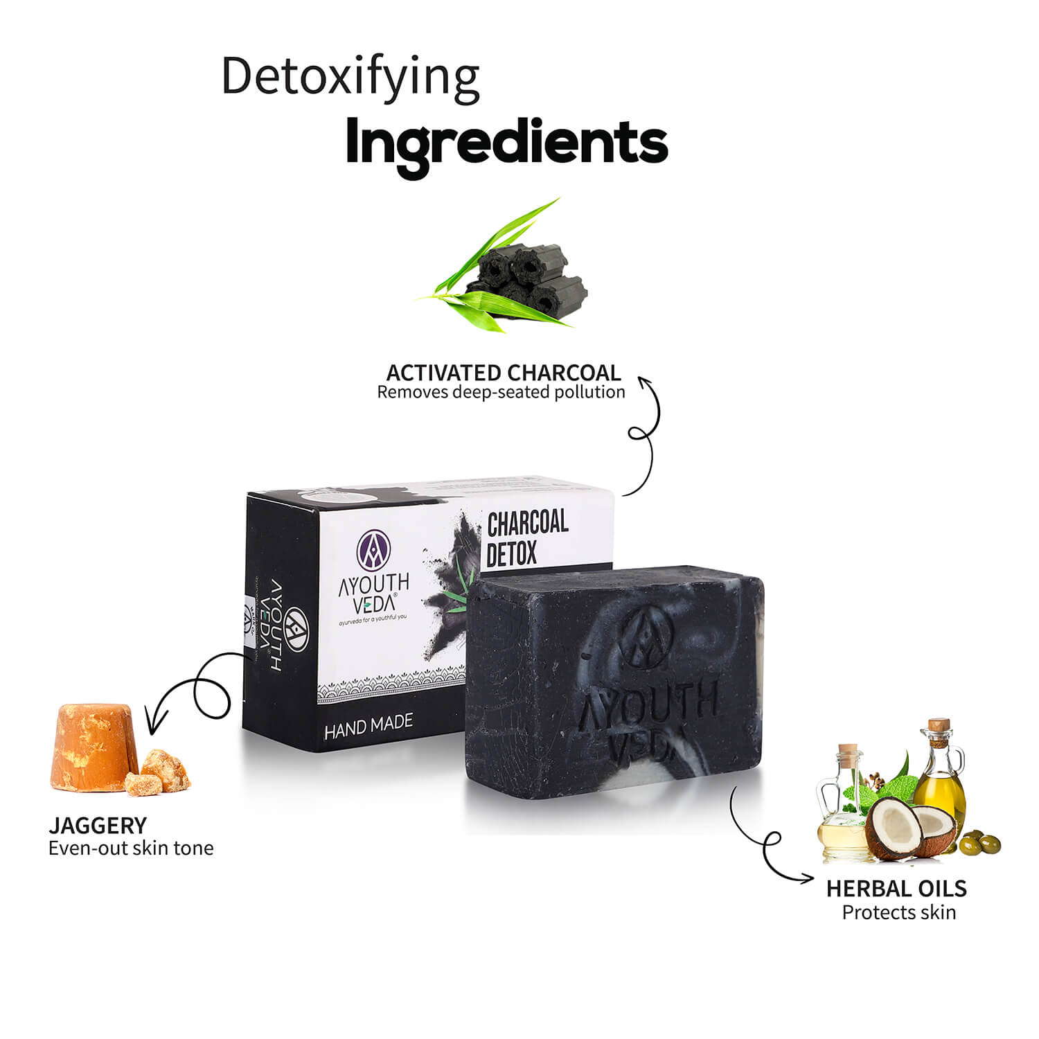 Charcoal Detox Handmade Castile Soap With Activated Charcoal & Jaggery ( Net Qty-110g ) - Ayouthveda