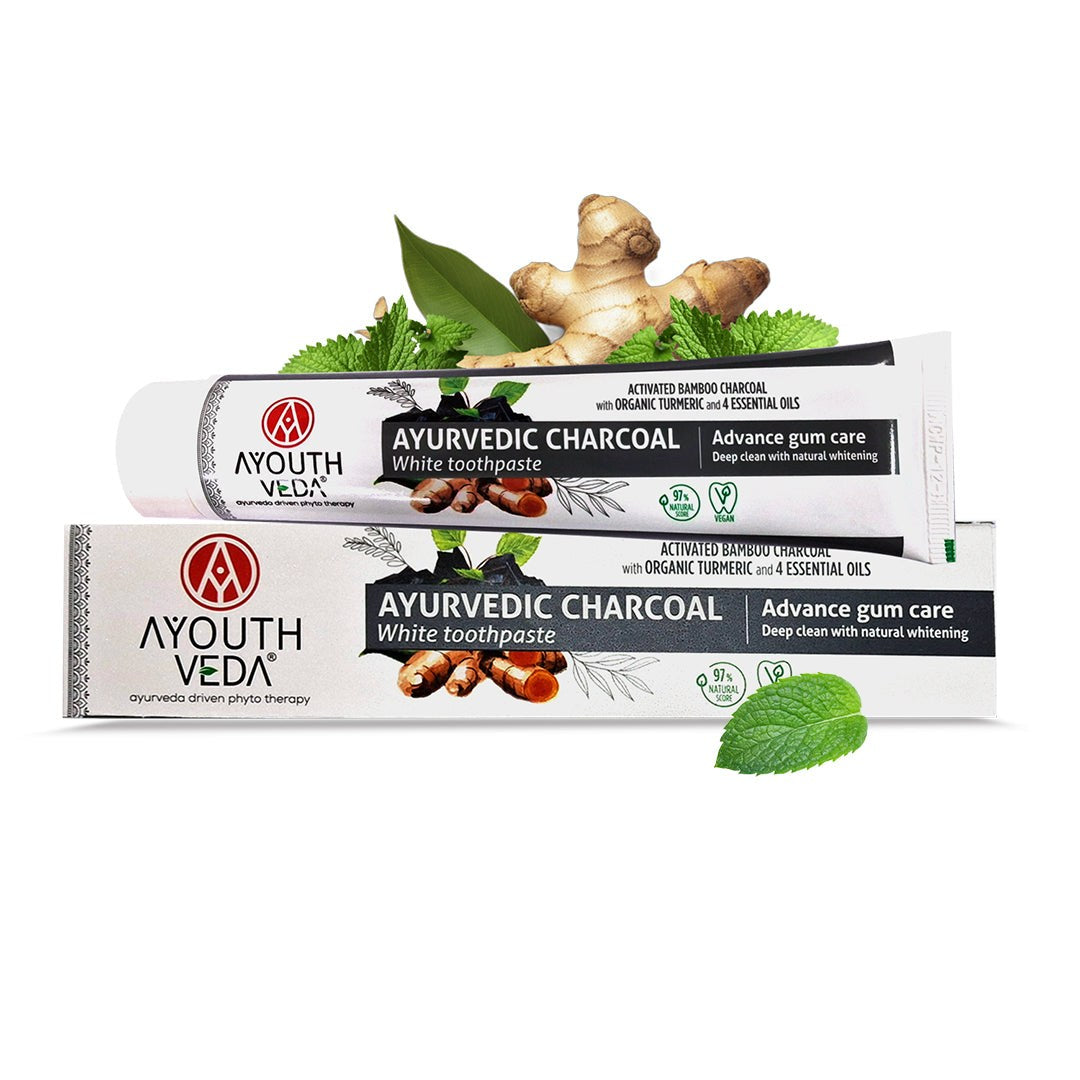 Ayurvedic Charcoal White Toothpaste with Activated Bamboo Charcoal & Turmeric for Deep Cleaning & Whitening  - 100g each Set of 2