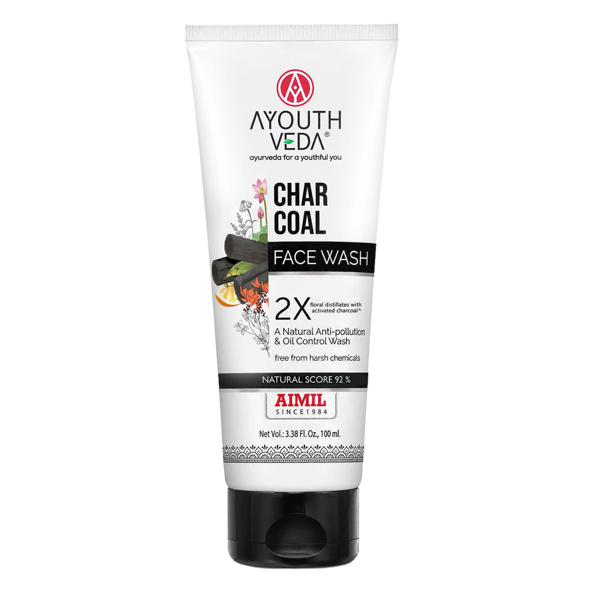 Ayouthveda Charcoal Face Wash with Activated Bamboo Charcoal & Floral Distillates | Deep Detoxifying & Brightening Formula | Suitable for All Skin Types | Net Qty – 100 ml
