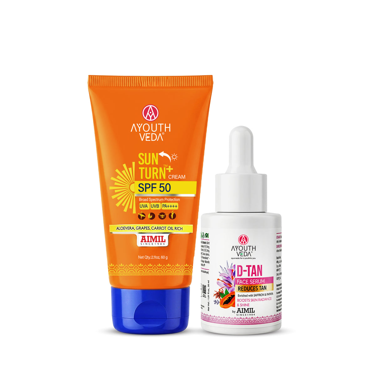 Ayouthveda Sun Protection & De-Tan Combo | SPF 50 Sunscreen 60g + D-Tan Face Serum 30ml