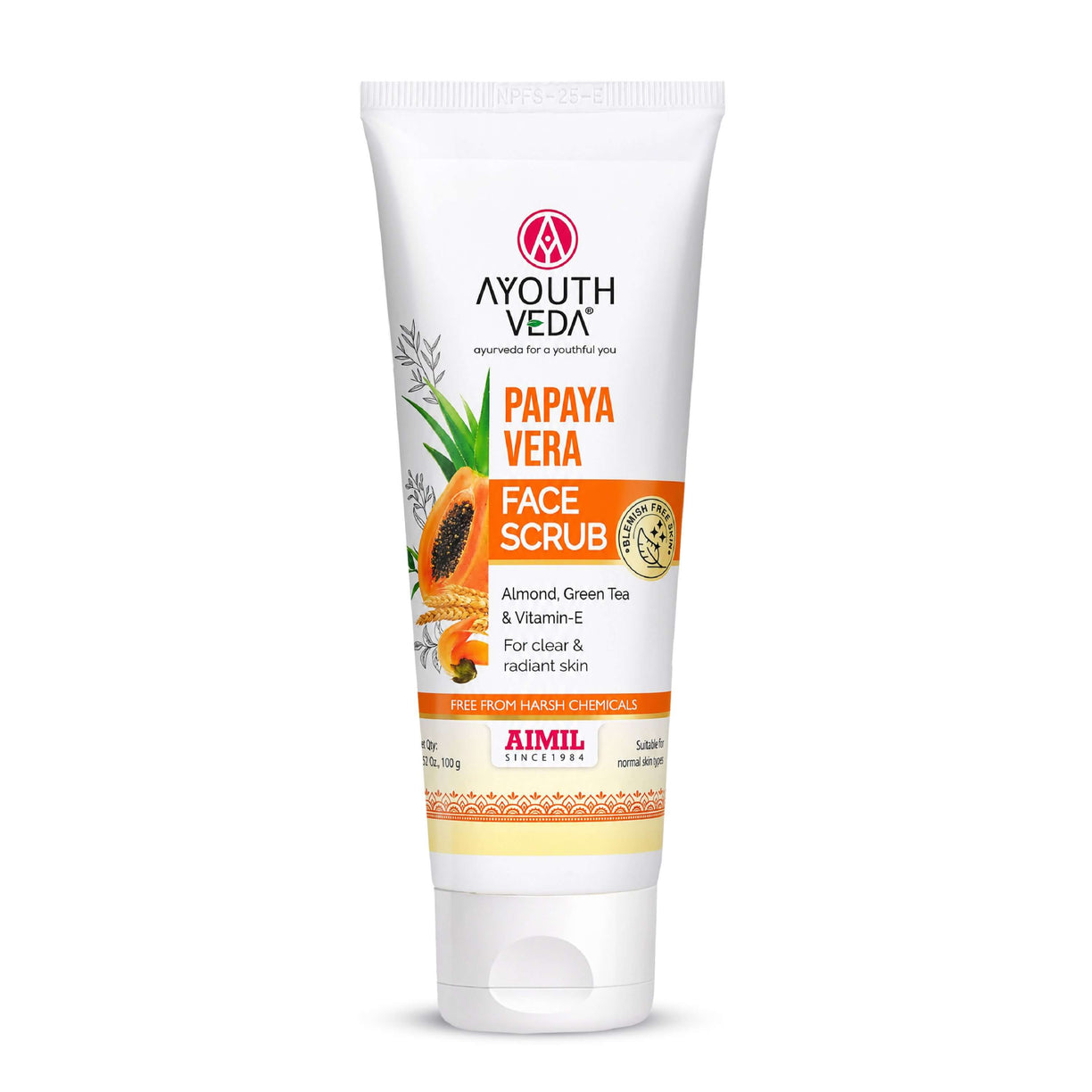 Ayouthveda Papaya Vera Face Scrub with Walnut, Green Tea & Vitamin E | Gently Exfoliates, Unclogs Pores & Brightens Skin | Suitable for Dry to Normal Skin Types| 100g