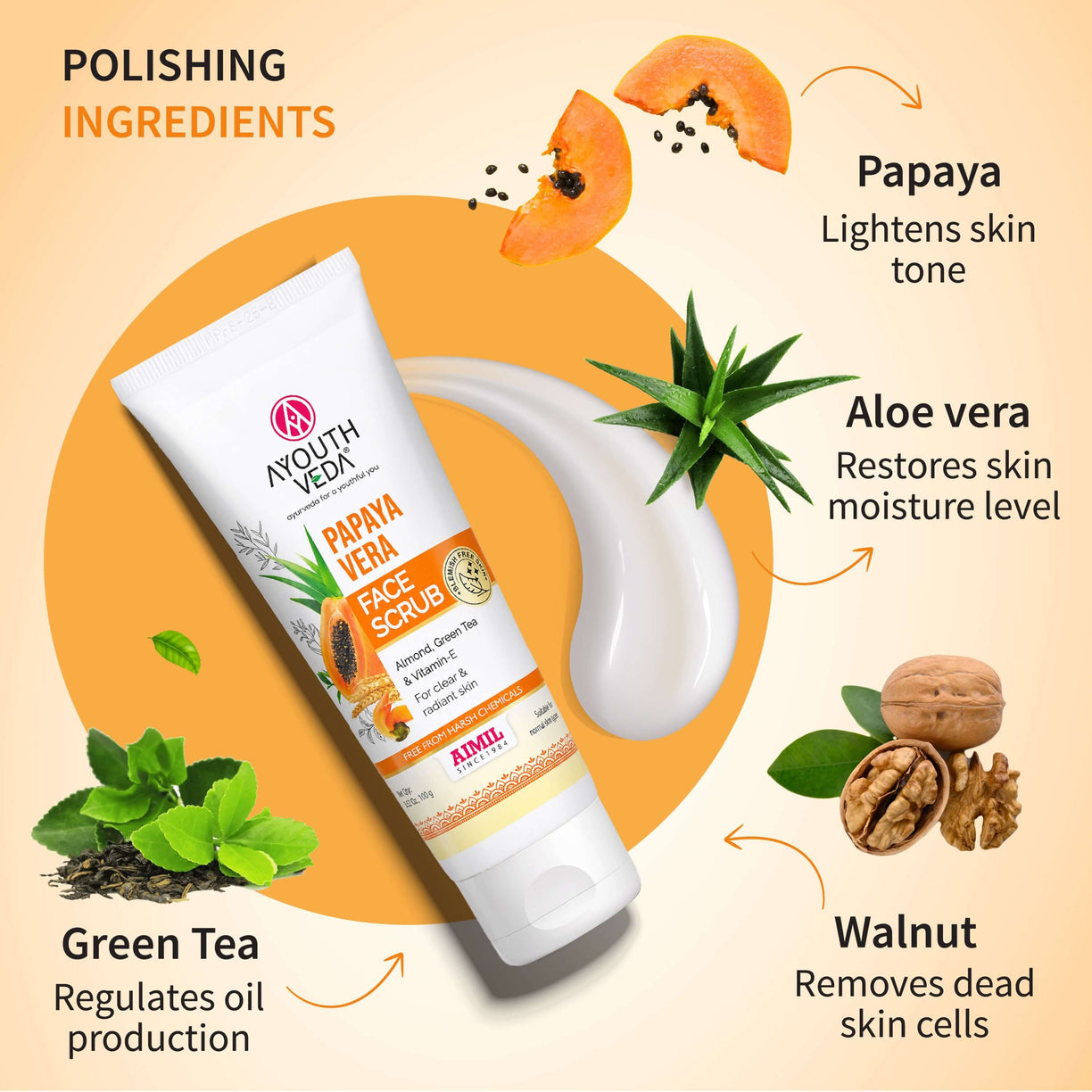 Ayouthveda Papaya Vera Face Scrub with Walnut, Green Tea & Vitamin E | Gently Exfoliates, Unclogs Pores & Brightens Skin | Suitable for Dry to Normal Skin Types| 100g