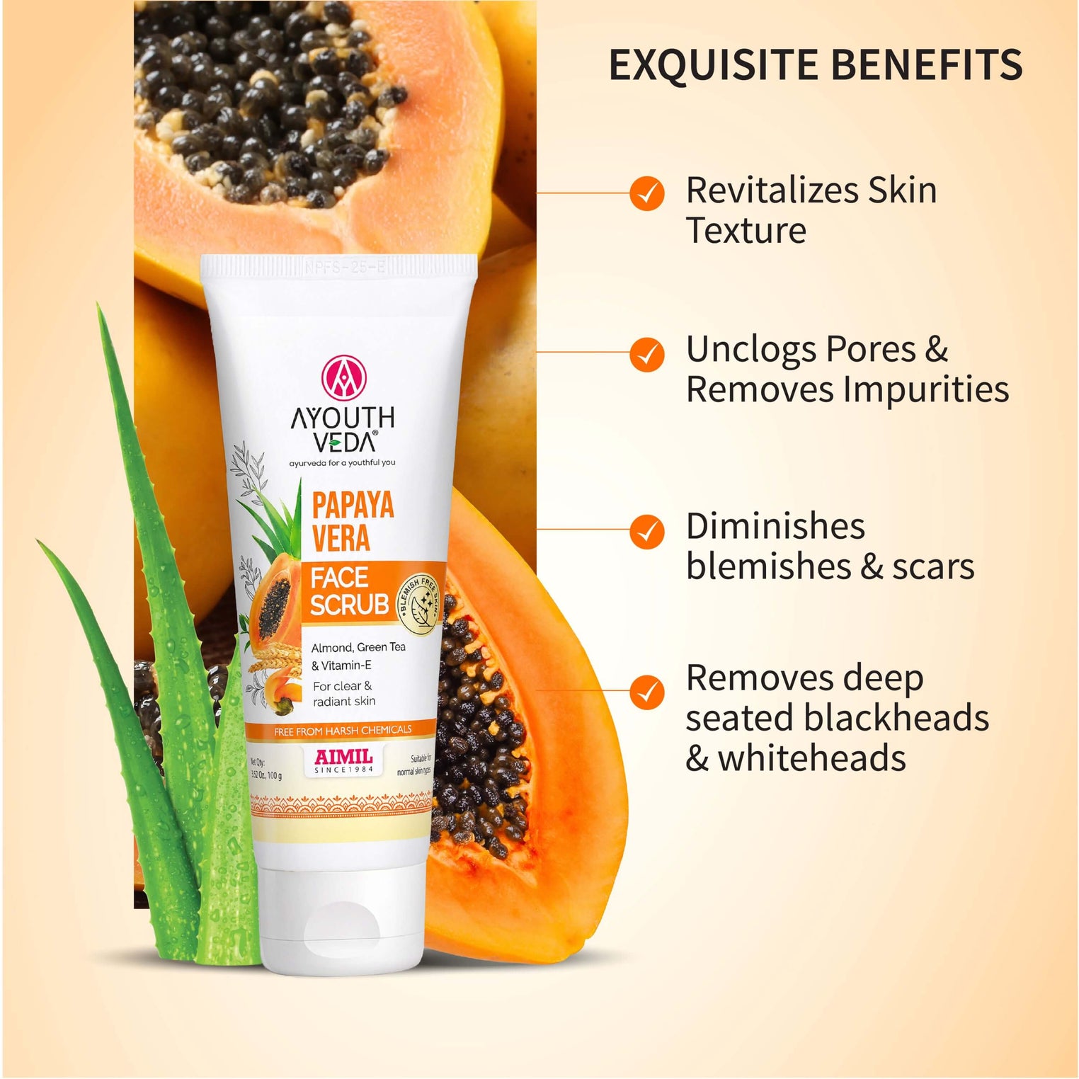 Ayouthveda Papaya Vera Face Scrub with Walnut, Green Tea & Vitamin E | Gently Exfoliates, Unclogs Pores & Brightens Skin | Suitable for Dry to Normal Skin Types| 100g