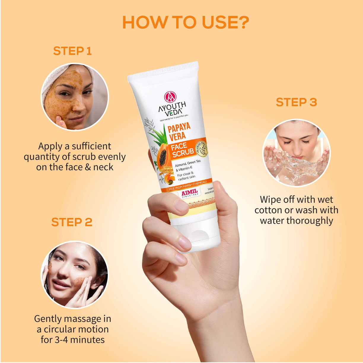 Ayouthveda Papaya Vera Face Scrub with Walnut, Green Tea & Vitamin E | Gently Exfoliates, Unclogs Pores & Brightens Skin | Suitable for Dry to Normal Skin Types| 100g