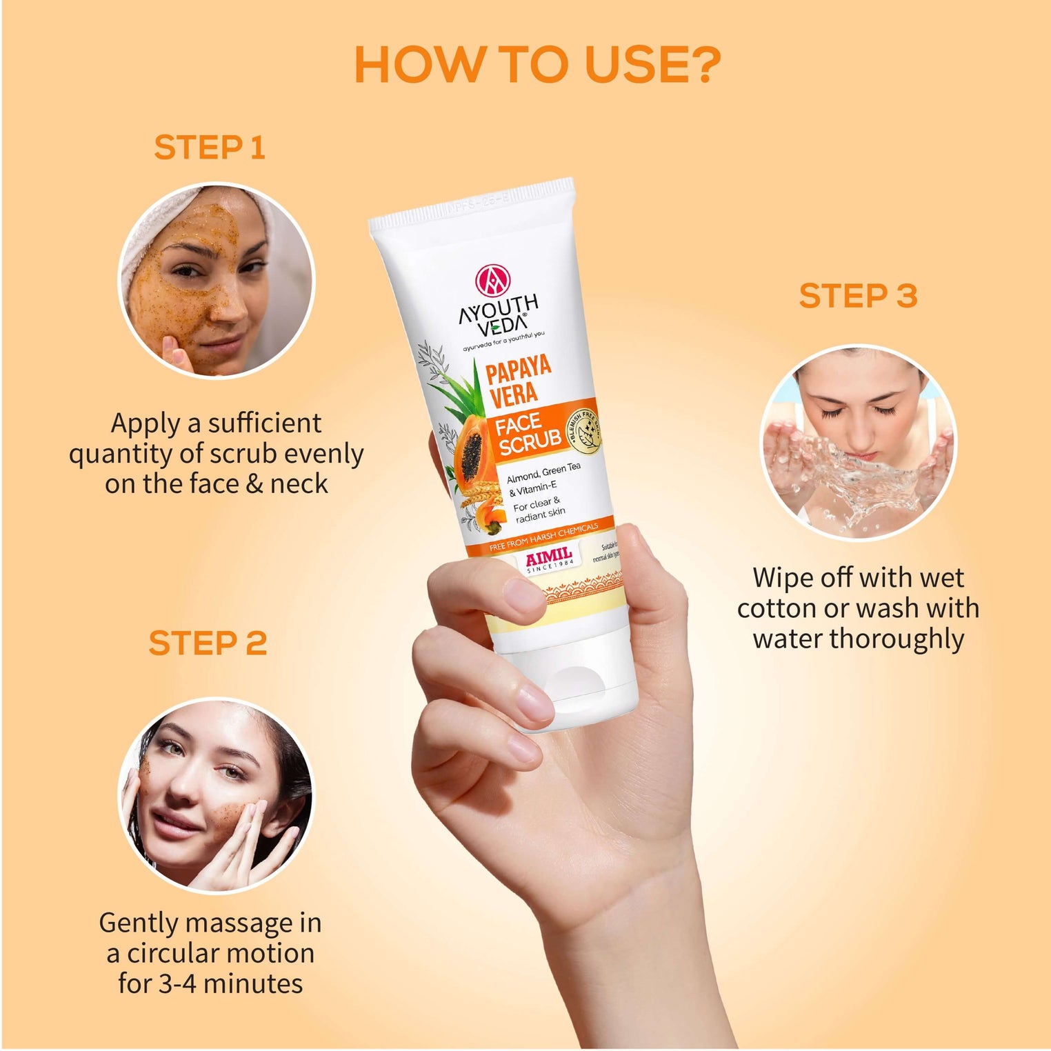 Ayouthveda Papaya Vera Face Scrub with Walnut, Green Tea & Vitamin E | Gently Exfoliates, Unclogs Pores & Brightens Skin | Suitable for Dry to Normal Skin Types| 100g