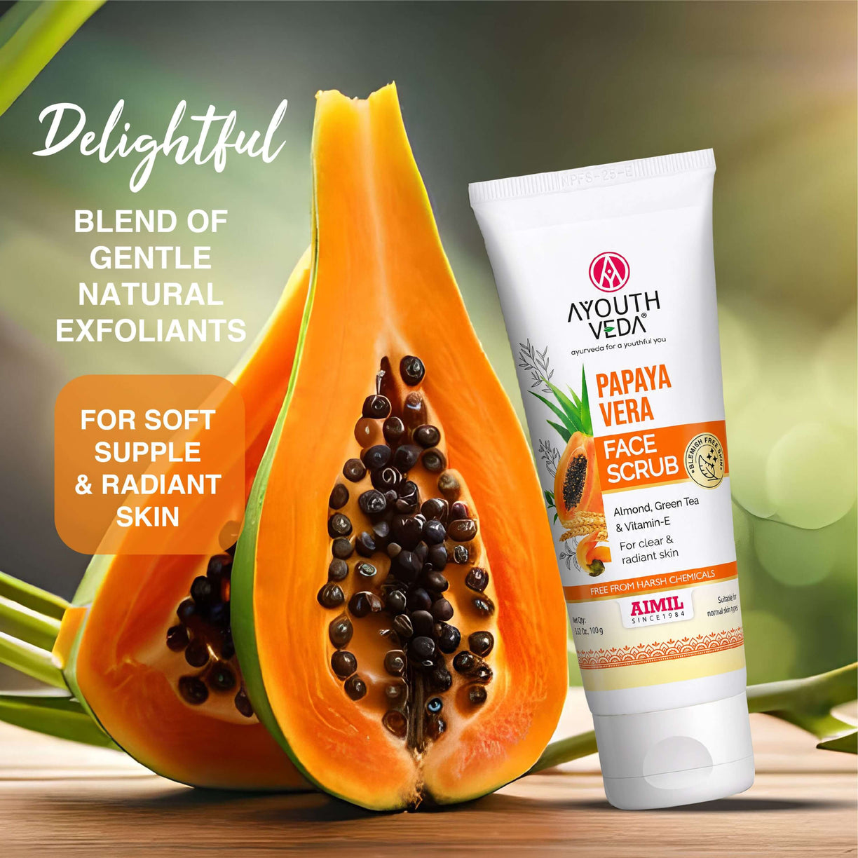Ayouthveda Papaya Vera Face Scrub with Walnut, Green Tea & Vitamin E | Gently Exfoliates, Unclogs Pores & Brightens Skin | Suitable for Dry to Normal Skin Types| 100g