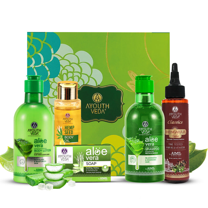 Skin Love Gift Set: Aloe Vera Body Lotion (250 ml), Aloe Vera Shampoo (250 ml), Aloe Vera Bathing Soap (100 g), Hemp Seed Body Oil (100 ml), Bhrangaraja Taila (100 ml)