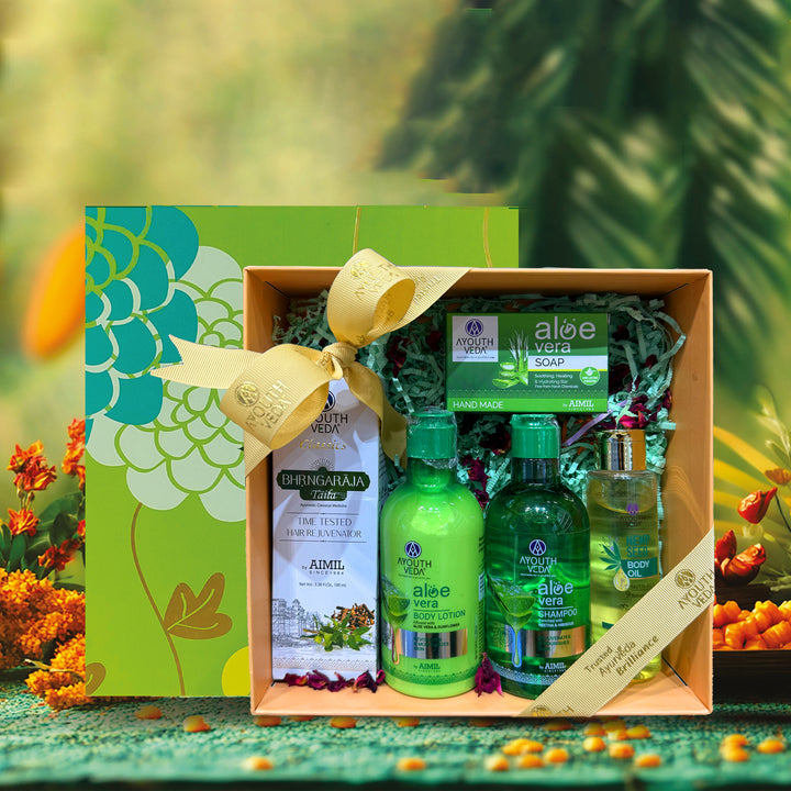 Skin Love Gift Set: Aloe Vera Body Lotion (250 ml), Aloe Vera Shampoo (250 ml), Aloe Vera Bathing Soap (100 g), Hemp Seed Body Oil (100 ml), Bhrangaraja Taila (100 ml)