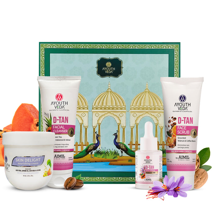 Festive Skin Brightening Hamper: Skin Delight Nourishing Cream (150 g), D-Tan Facial Cleanser (100 g), D-Tan Face Scrub (100 g), D-Tan Face Serum (30 ml)