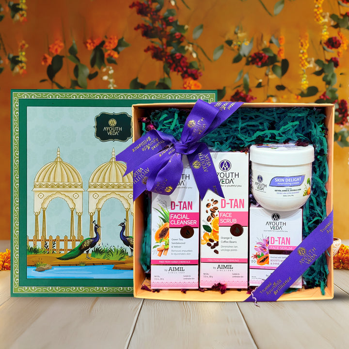 Festive Skin Brightening Hamper: Skin Delight Nourishing Cream (150 g), D-Tan Facial Cleanser (100 g), D-Tan Face Scrub (100 g), D-Tan Face Serum (30 ml)