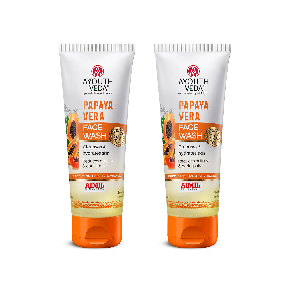 Ayouthveda Papaya Vera Face Wash with Real Papaya Extract | Deep Cleanser for Dry to Normal Skin | Removes Dullness, Dark Spots, & Impurities | Sulfate-Free Gentle Formula | (100 g) (Pack of 2)