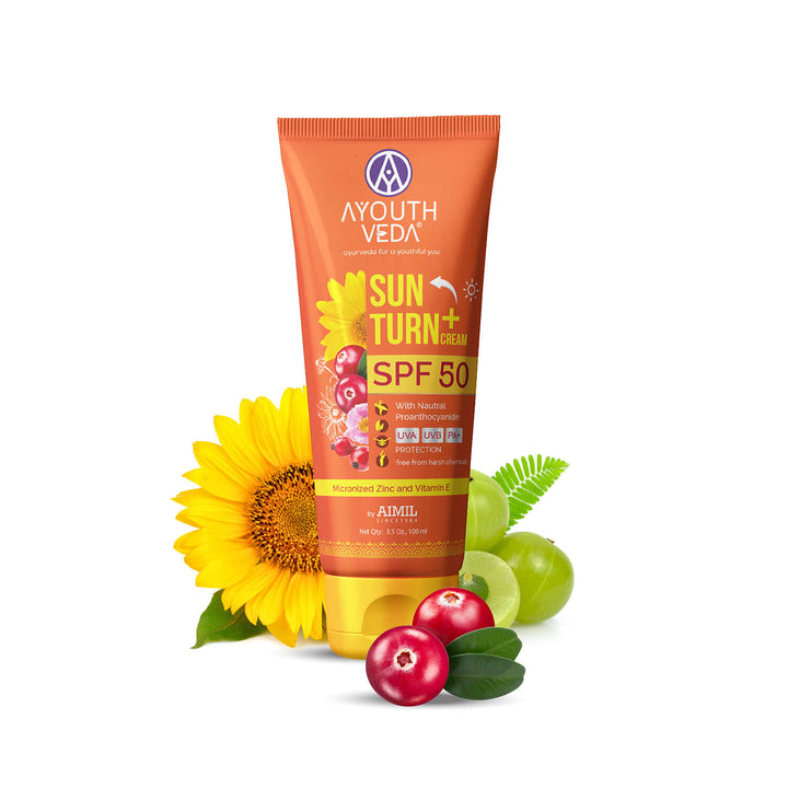 Ayouthveda Sun Turn+ Cream SPF 50 sunscreen with natural ingredients.